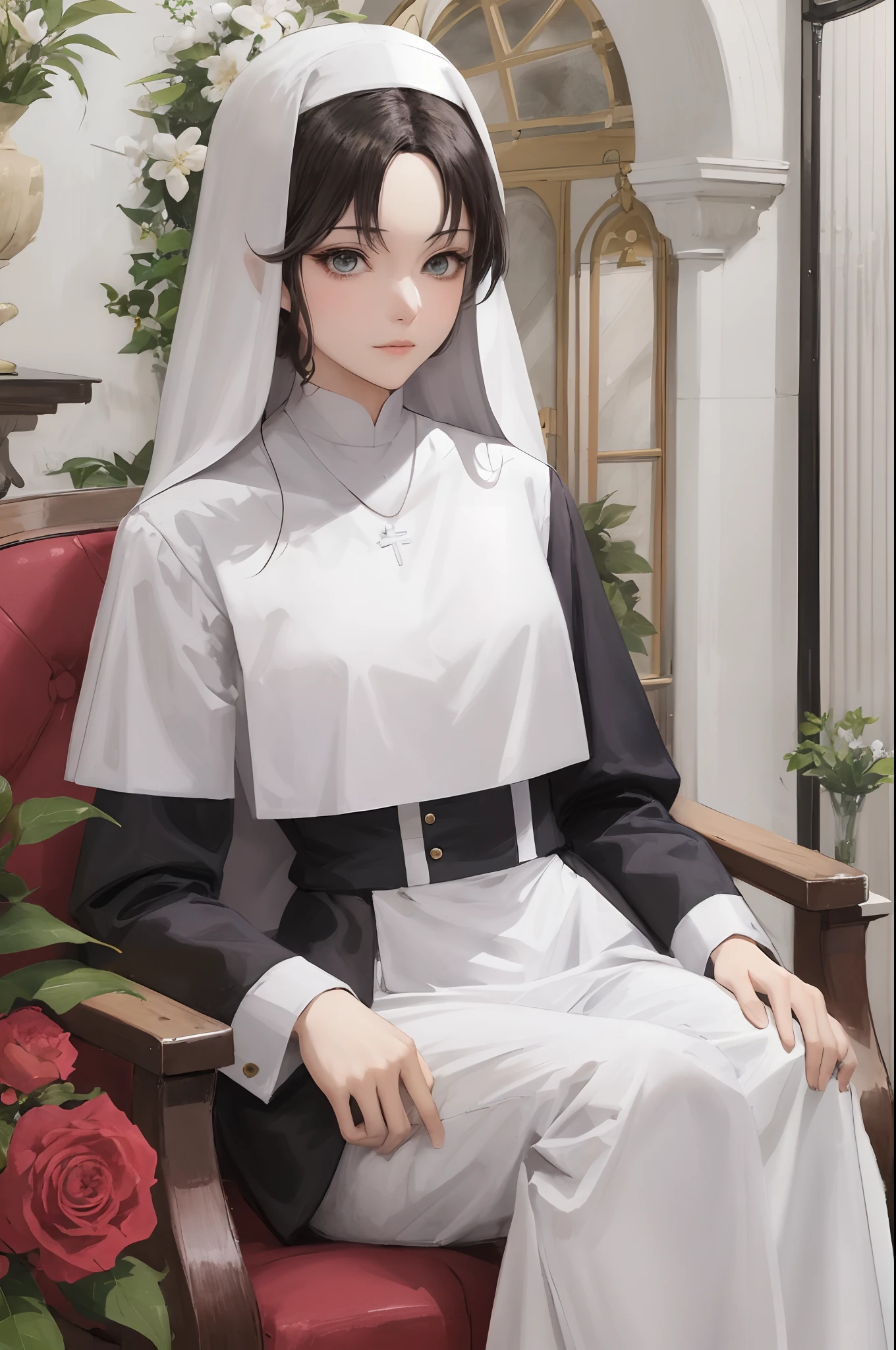A beautiful girl nun in an anime style with a skunk tail that sniffs farts(sister)wimple dressed in monk's clothes Nun
