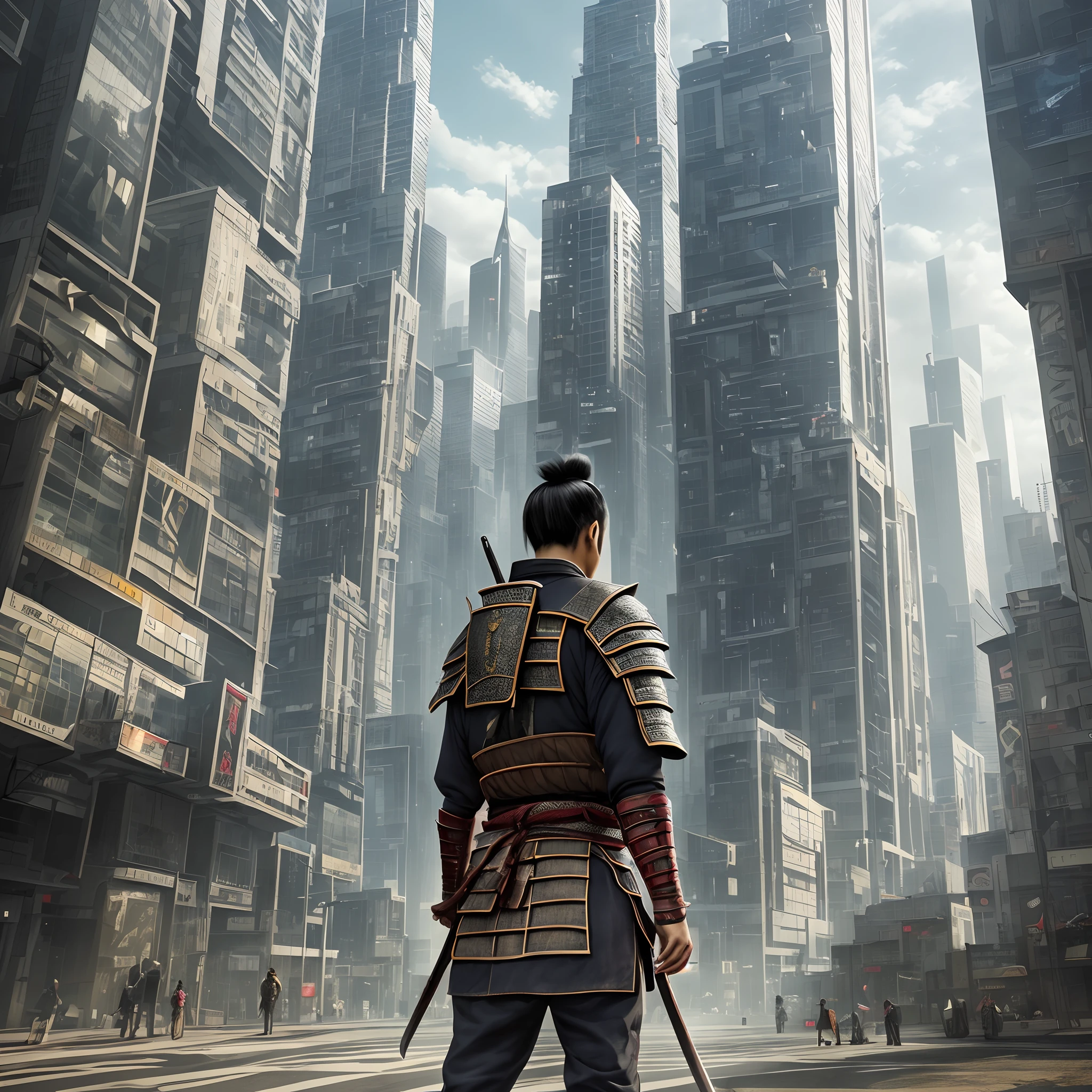 a lone samurai warrior in front of a futuristic city --auto --s2