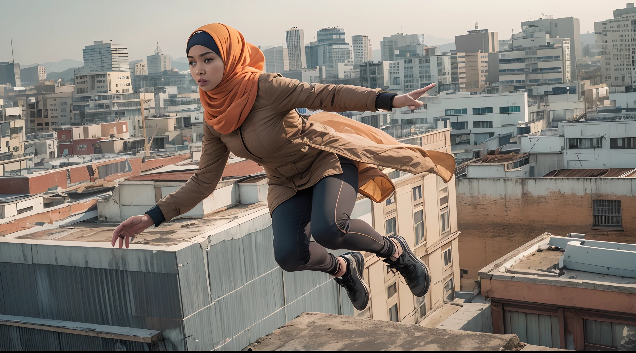 Create a film still with a Malay girl in hijab leaping across a rooftop in a high-octane action scene, reminiscent of 'Mission: Impossible.' Use a wide-angle lens and intense lighting to capture the tension and excitement, photo taken using Panavision DXL2, 28mm lens, Establishing shot, muted color grading, cinemascope, drama, high quality, ultra detailed, 8k resolution, hyper - realistic photography,