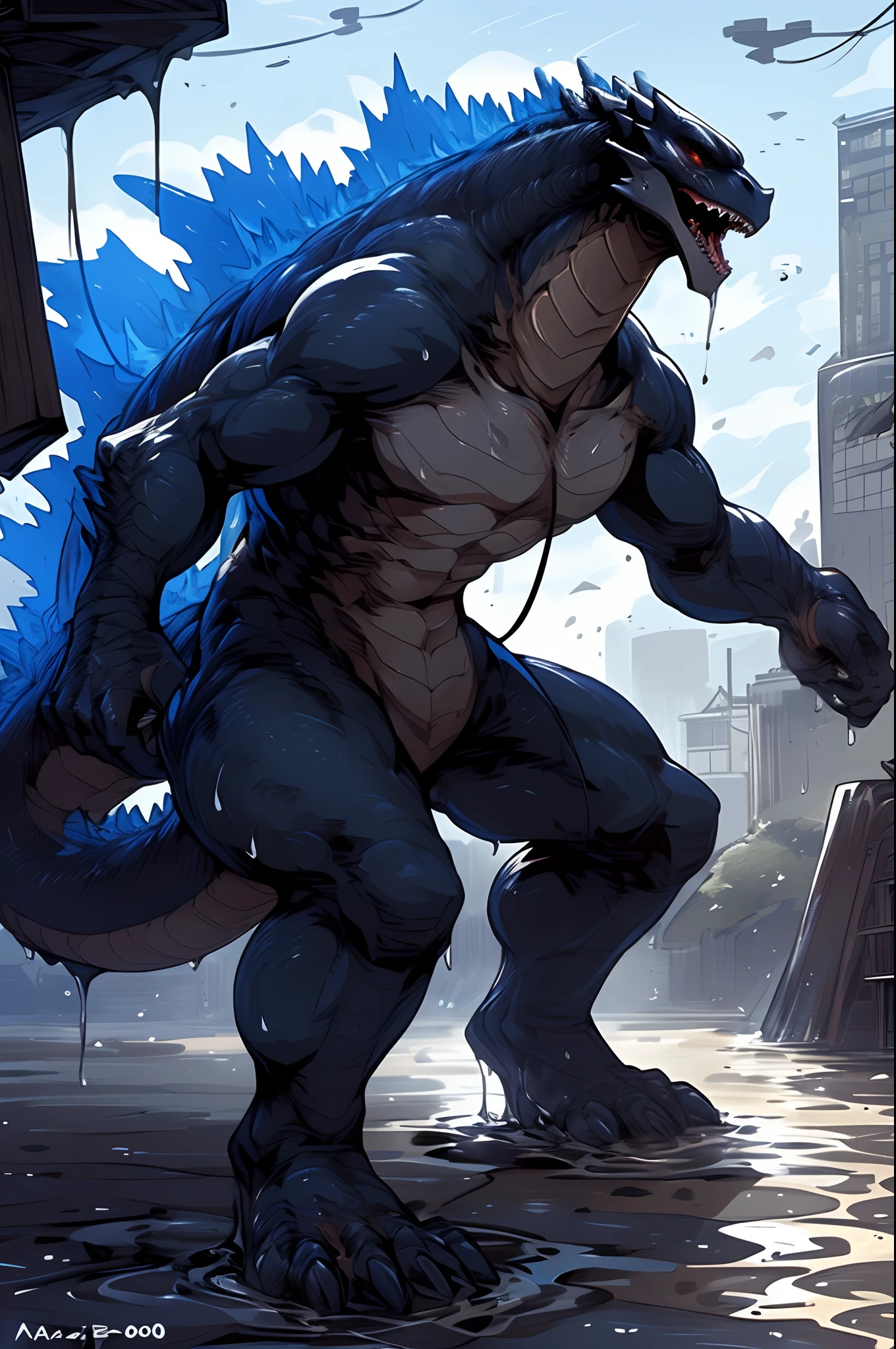 ((solo) full height):1, godzillaxp, (monitor dragon):1.8, adult, mature, handsome, (godzilla_2004 proportions):0.5, (correct anatomy):1, vascular veins, dragon tail, topless, ultradetailed, (by wfa), (by Traver009, by grimfaust), natural lighting (city background), (sweat:1.4, wet:1.6), (lots of sweat flowing down) exhausted, dragon head ((open:1 eyes, detailed):1.2), open mouth (steaming breath:1.2, drooling, dripping saliva, thick drool) tongue sticking out, (serious:1.4) expression), in pain