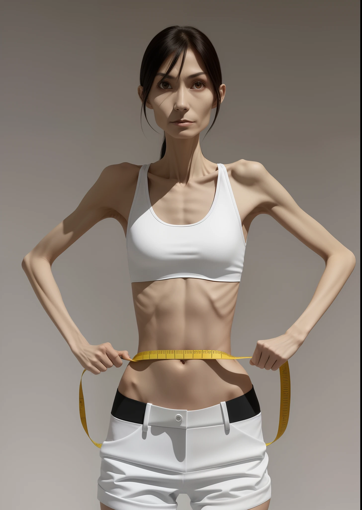 Emaciated body and hungry stomach，Very slim waist and legs，Thin figure，The sternum is obvious，The ribs are noticeable，Sunken abdomen，The pelvis is pronounced，Excessive weight loss，No abs，angry look