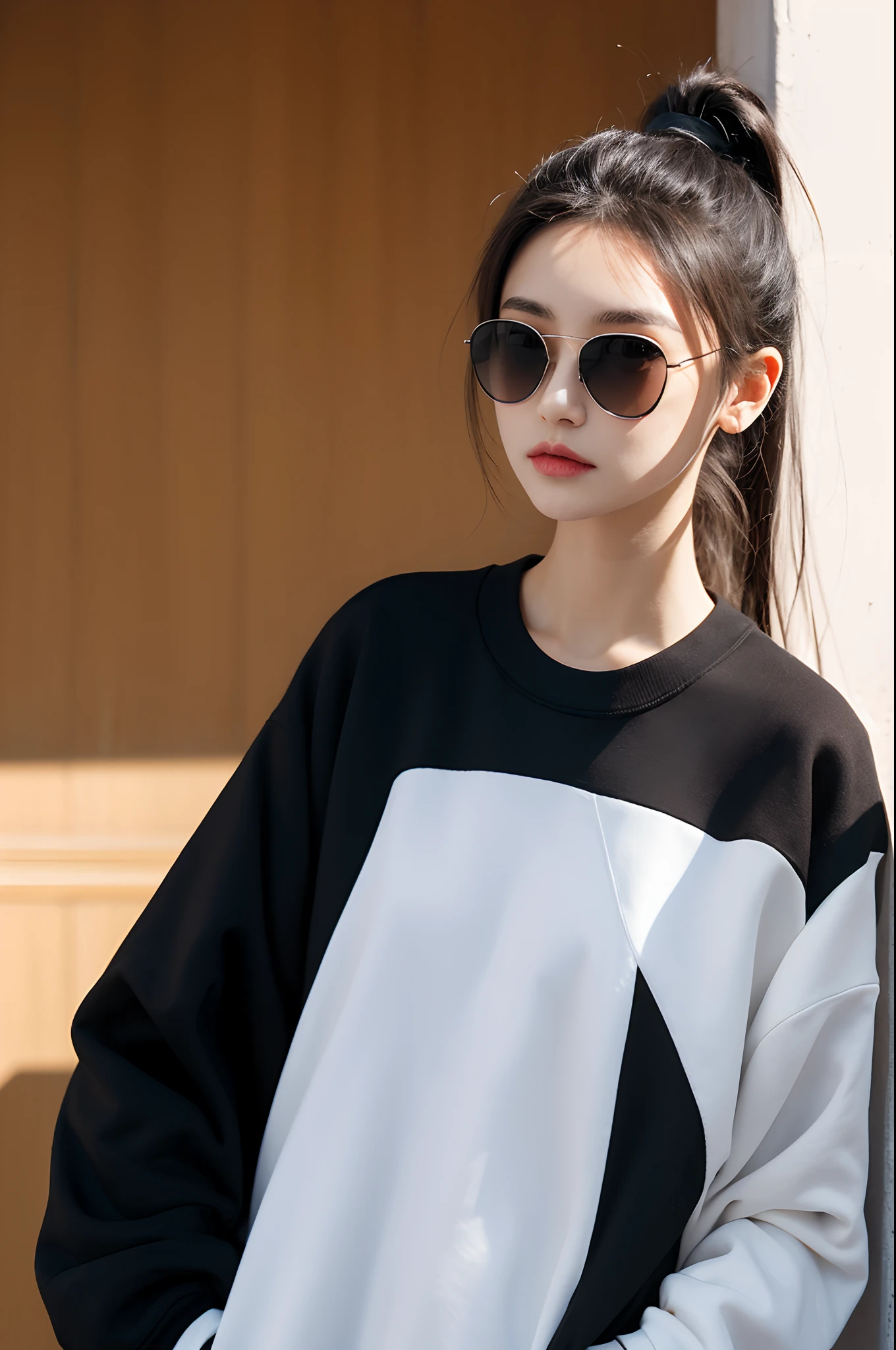 White ponytail,Solid black sunglasses,Straight hair,Black sweatshirt,20 year old cool big sister,quadratic element,