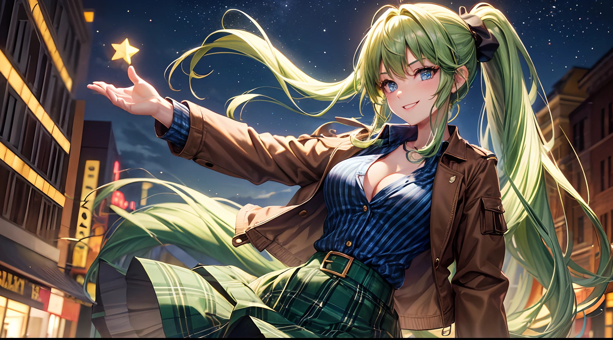 1girl, solo, full body, christmas, christmas tree, street, night, lights, giving gift, long hair, green hair, ponytail, large breasts, button down, ((opened brown short jacket)), dark blue eyes, ((blue shirt)), checked shirt, ((unbuttoned shirt)), ((long skirt)), smile, looking at the viewer, standing