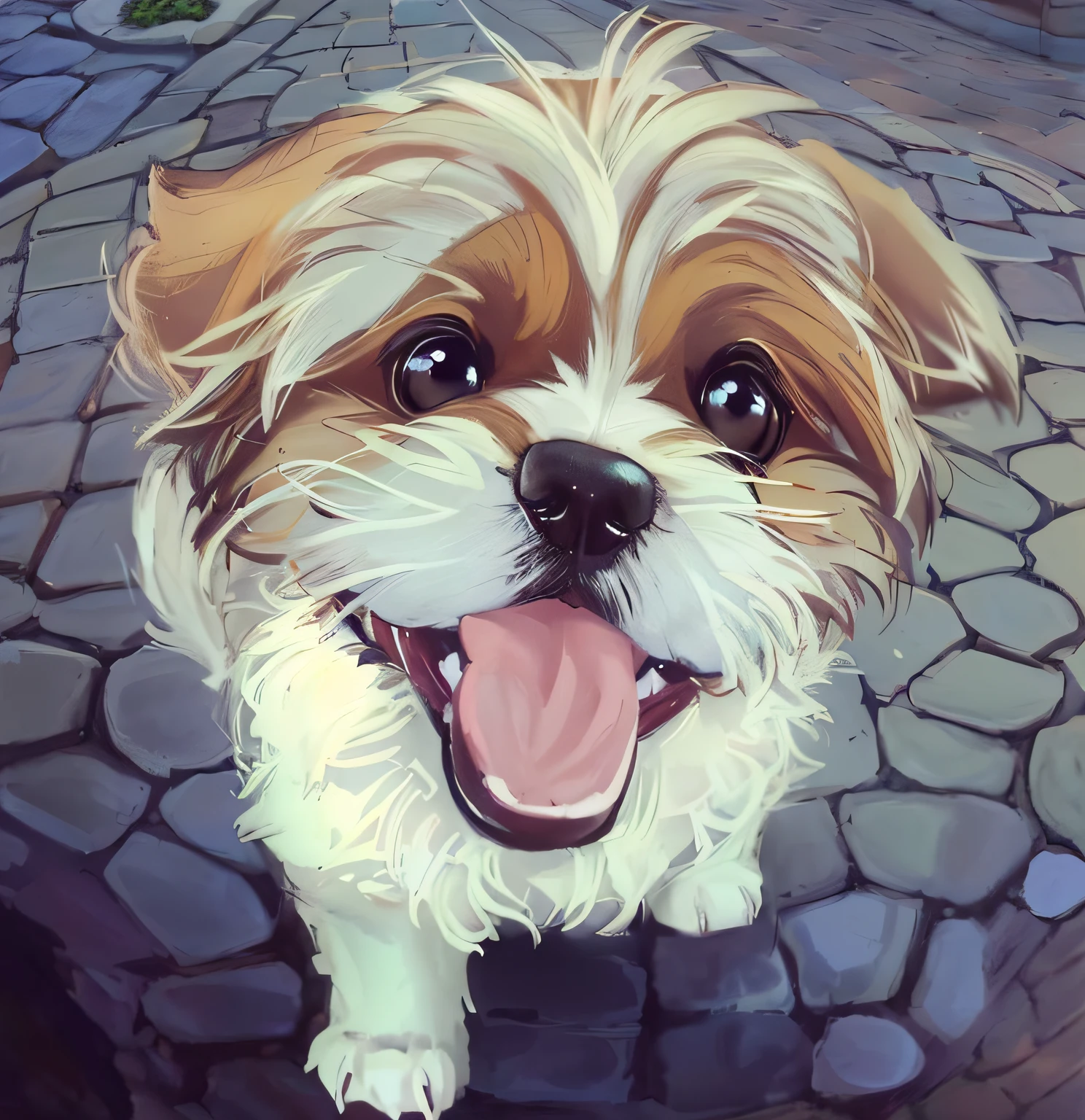 There's a dog that's standing on a cobblestone street, happily smiling at the camera, happy dog, Shih Tzu, feliz com a boca aberta, selfie of a dog, winking at the camera, smiling at camera, smiling at camera, smiling at camera, sorridente, mas tem um temperamento, smiling at camera, extremamente feliz