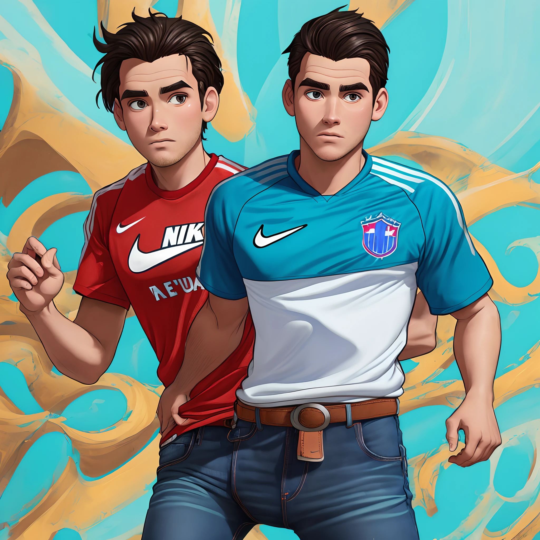 crie uma imagem no estilo pixar de um homem mulato de corte americano no cabelo e cavanhaque com a camiseta de futebol Bahia, bermuda jeans , tenis nike e no fundo uma praia