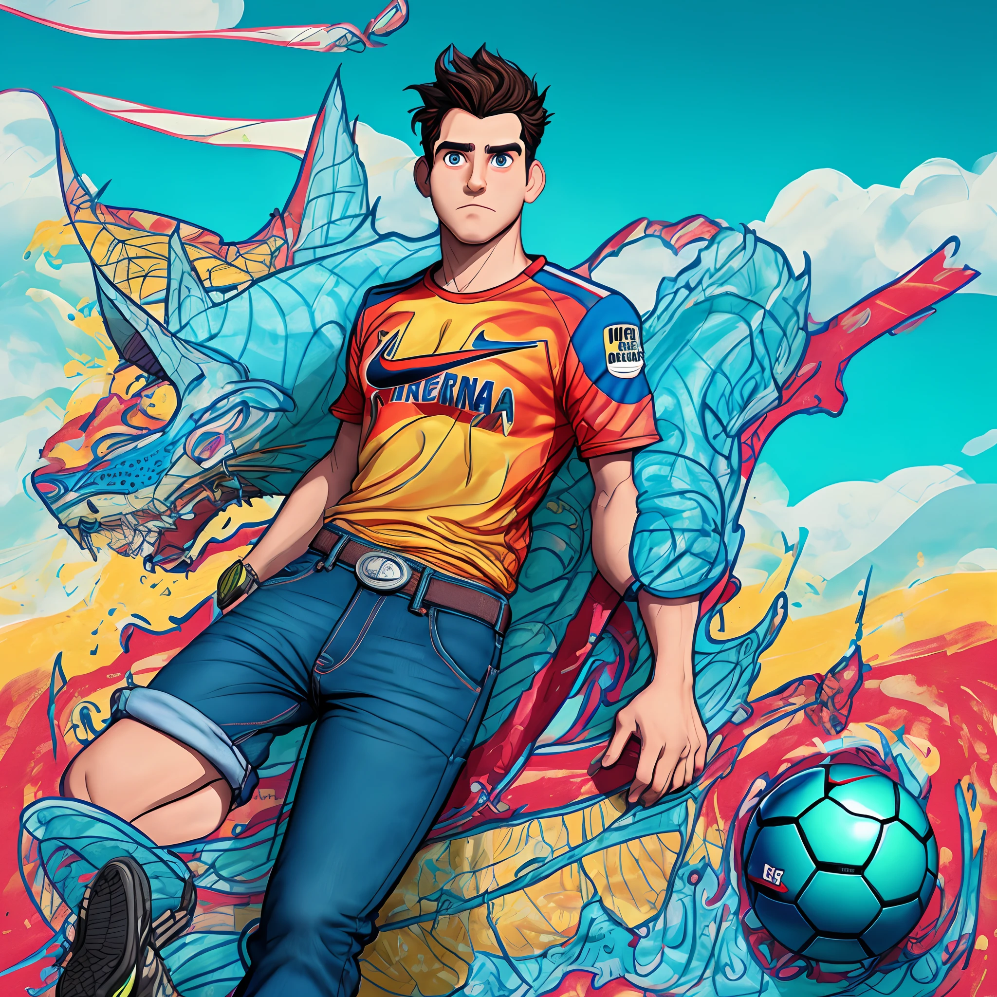 crie uma imagem no estilo pixar de um homem mulato de corte americano no cabelo e cavanhaque com a camiseta de futebol Bahia, bermuda jeans , tenis nike e no fundo uma praia