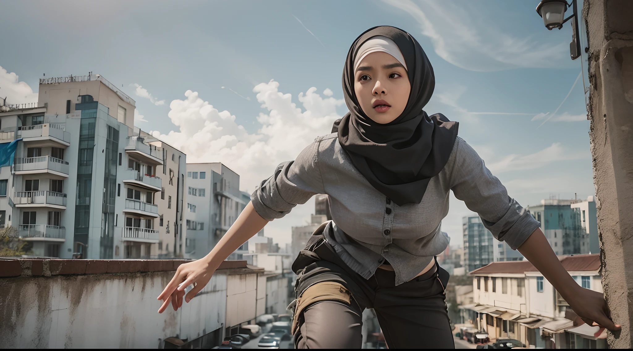 Create a film still with a Malay girl in hijab leaping across a rooftop in a high-octane action scene, reminiscent of 'Mission: Impossible.' Use a wide-angle lens and intense lighting to capture the tension and excitement, photo taken using Panavision DXL2, 28mm lens, Establishing shot, muted color grading, cinemascope, drama, high quality, ultra detailed, 8k resolution, hyper - realistic photography,