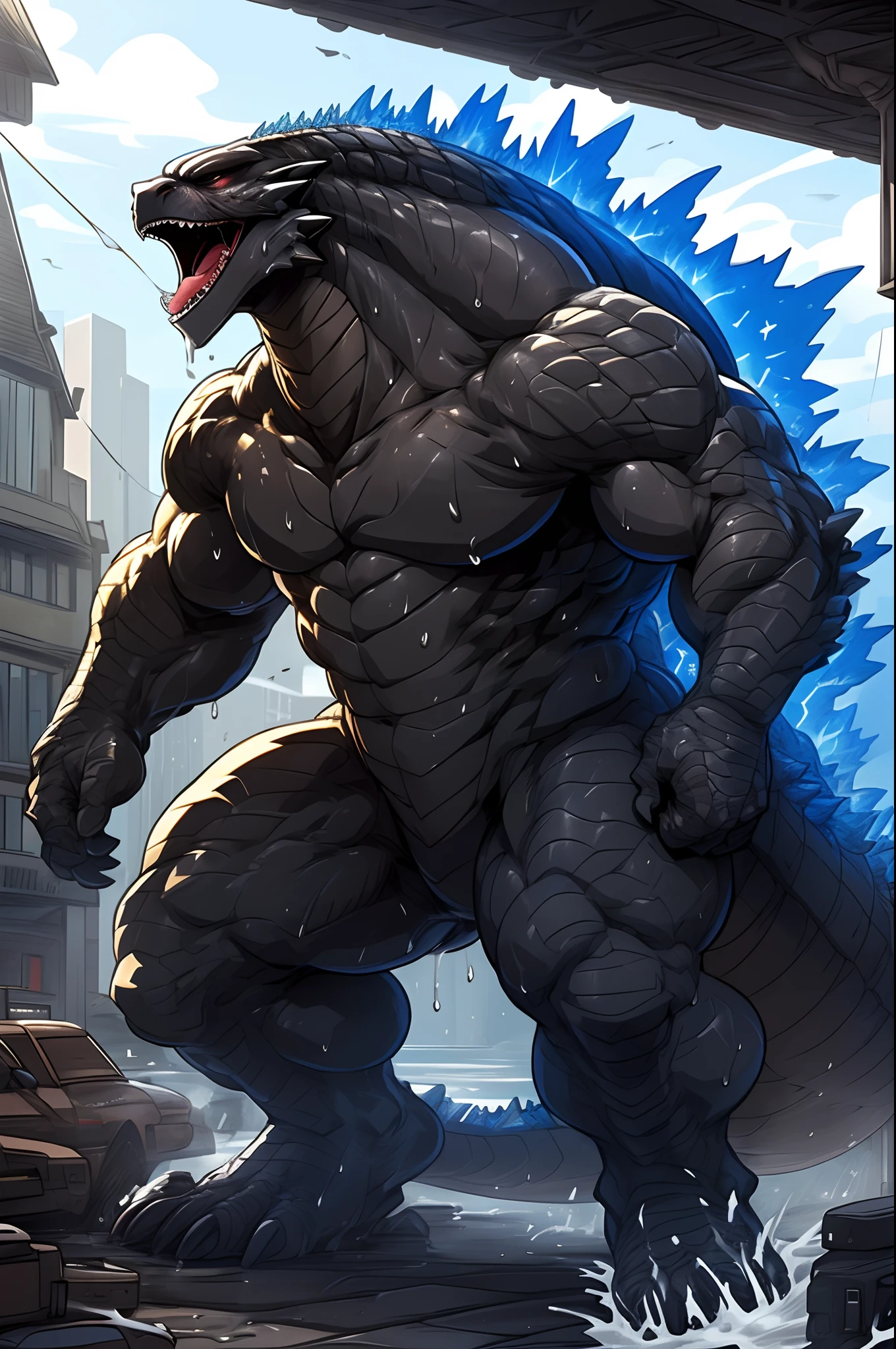 ((solo) full height):1, godzillaxp, (monitor dragon):1.8, adult, mature, handsome, (godzilla_2004 proportions):0.5, (correct anatomy):1, vascular veins, dragon tail, topless, ultradetailed, (by wfa), (by Traver009, by grimfaust), natural lighting (city background), (sweat:1.4, wet:1.6), (lots of sweat flowing down) exhausted, dragon head ((open:1 eyes, detailed):1.2), open mouth (steaming breath:1.2, drooling, dripping saliva, thick drool) tongue sticking out, (serious:1.4) expression), in pain