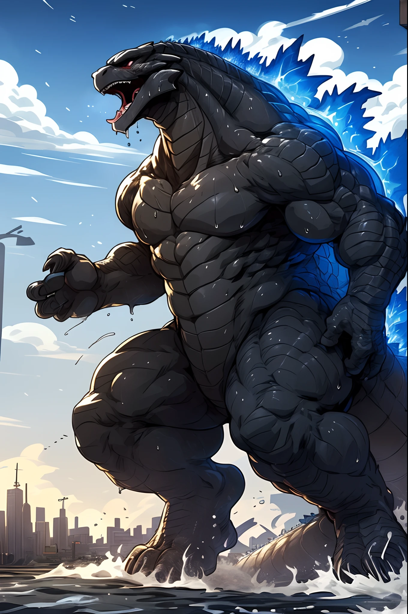 ((solo) full height):1, godzillaxp, (monitor dragon):1.8, adult, mature, handsome, (godzilla_2004 proportions):0.5, (correct anatomy):1, vascular veins, dragon tail, topless, ultradetailed, (by wfa), (by Traver009, by grimfaust), natural lighting (city background), (sweat:1.4, wet:1.6), (lots of sweat flowing down) exhausted, dragon head ((open:1 eyes, detailed):1.2), open mouth (steaming breath:1.2, drooling, dripping saliva, thick drool) tongue sticking out, (serious:1.4) expression), in pain