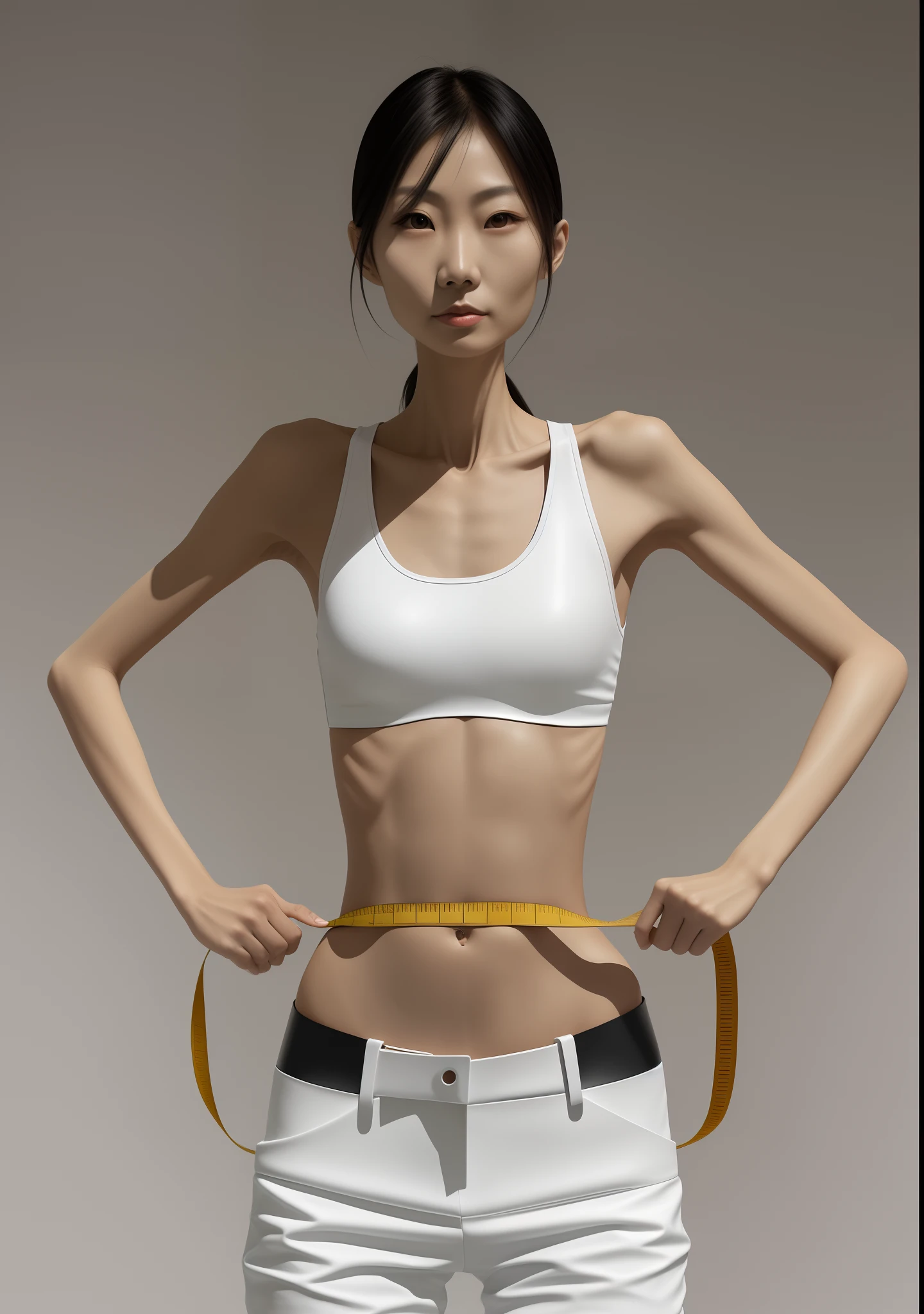 Emaciated body and hungry stomach，Very slim waist and legs，Thin figure，The sternum is evident，The ribs are noticeable，Sunken abdomen，The pelvis is pronounced，Excessive weight loss，No abs，Asian face，leather pant，leather clothes