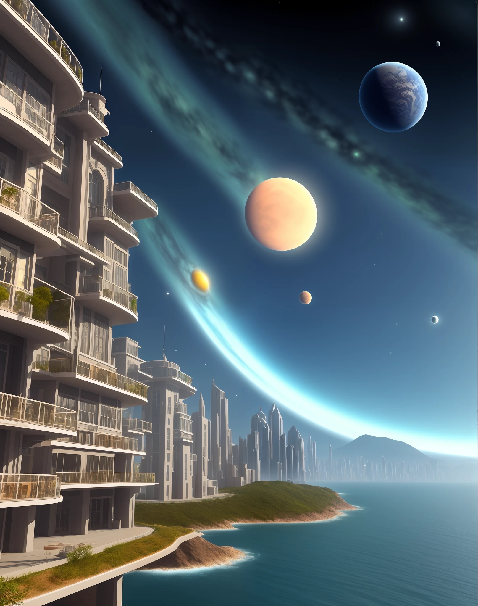 Advanced city with old style architecture, on a sea with a gas giant planet in the sky