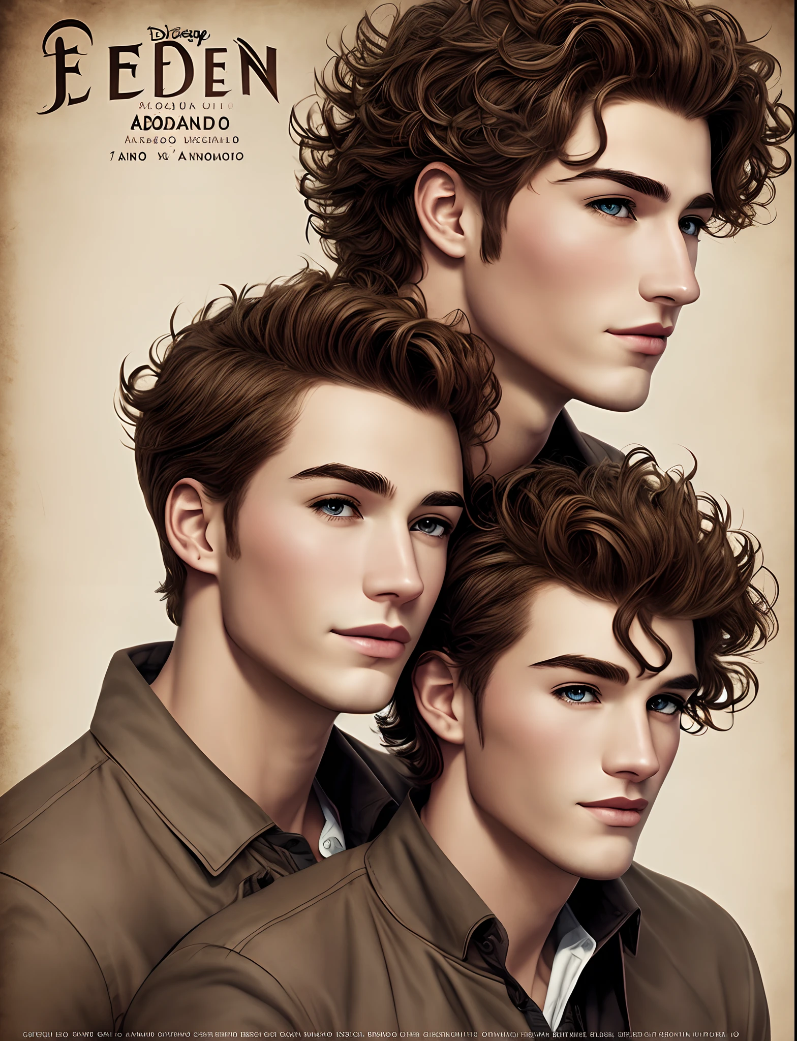 affiche disney homme androgyne s'appellant "eden" brown curly hair, yeux bruns, tanned skin, mole on the right cheek.