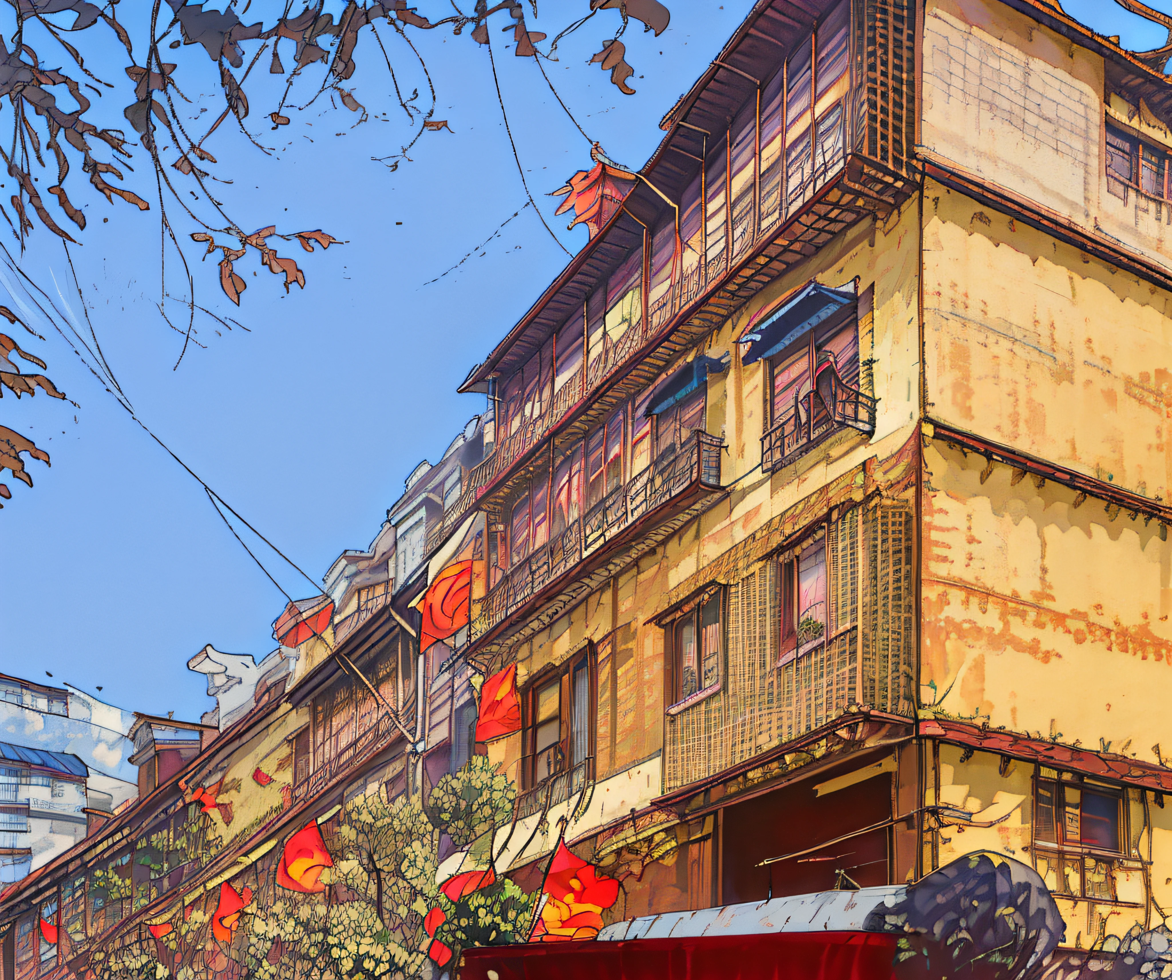 there are many flags hanging from the buildings on the street, red - yellow - blue building, city, the neat and dense buildings, chinese building, by Ingrida Kadaka, seen from below, the vibrant echoes of the market, vietnam, 🕹️ 😎 🔫 🤖 🚬, very ornamented, china town, 4 0 9 6