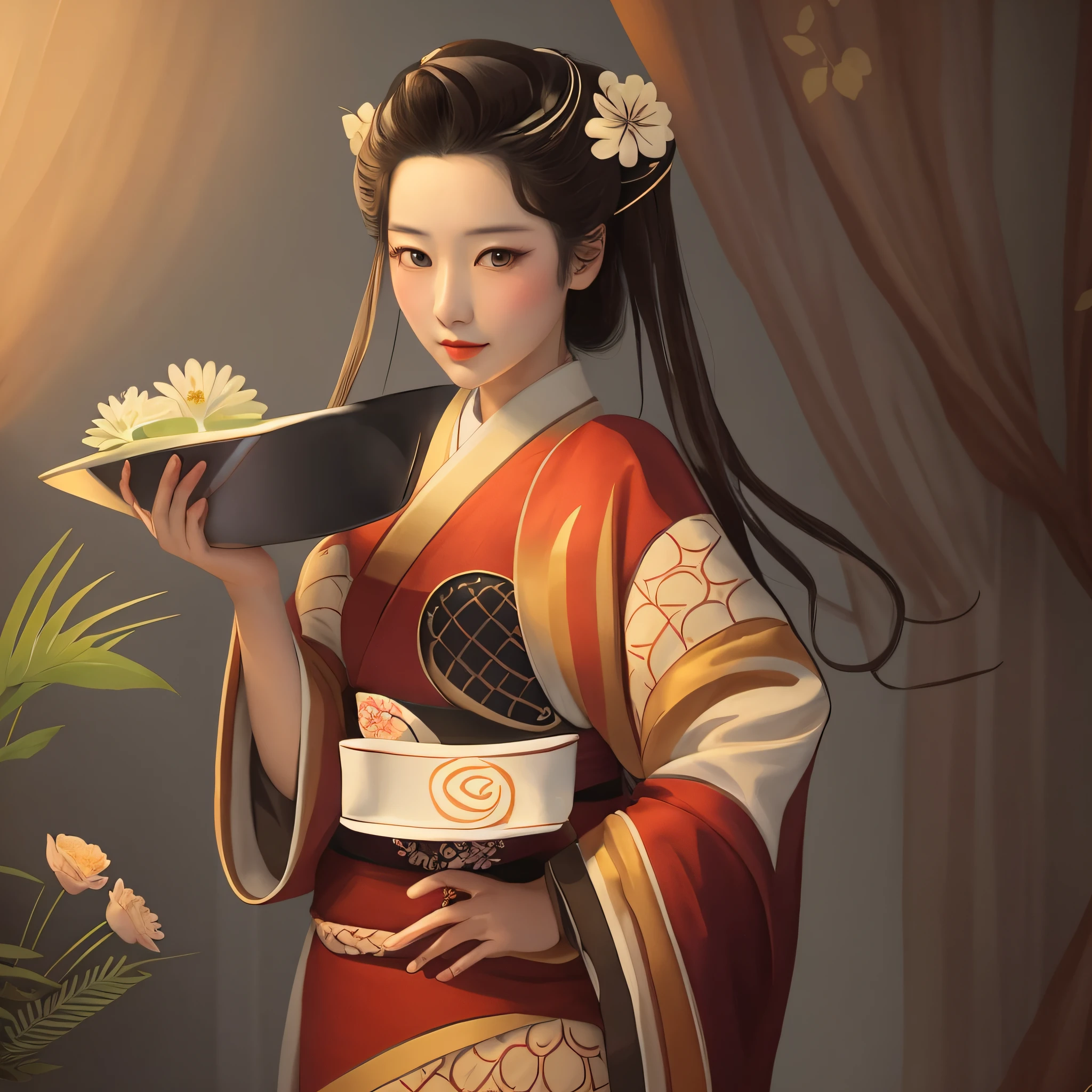 a geisha wearing a kimono, holding a plate with flowers, a beautiful art illustration, royal digital illustration, beautiful character painting, royal style digital art, exquisite digital illustration, palace, A girl in Hanfu, cute digital illustration, beautiful art digital, Japanese art style, inspired by Lan Ying, Portrait of Onmyoji, inspired by Shin Yun-bok, royal style illustration.