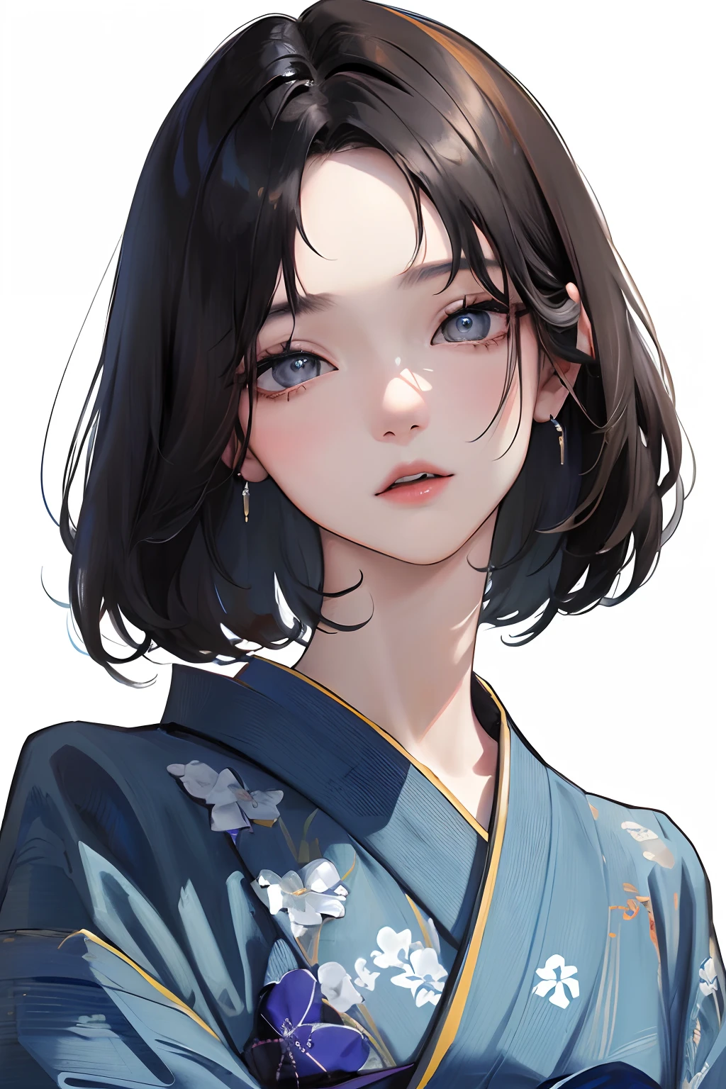 (Top resolution、Distinct_image)top-quality、femele、masterpiece、ighly detailed、Semi-realistic、Black short hair、Dark hair、grey eyes、bangss、21years old、Mature、年轻、Exquisite facial features、Facial features,japanese kimono,summer,blue