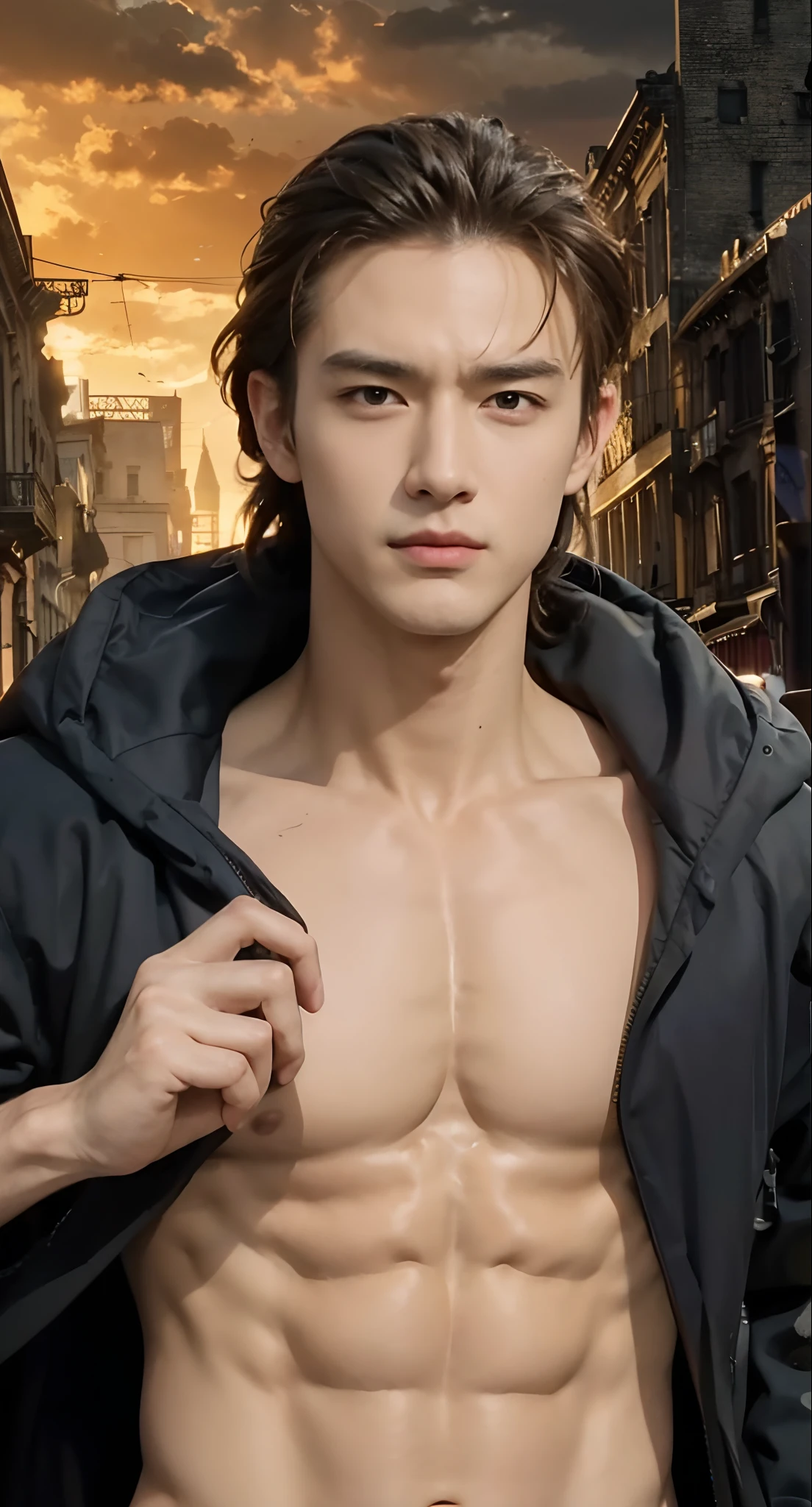Real life adaption of this character,Handsome face, realistic same hair, (realistic same outfit), realistic same background destroyed city, realistic light, realistic shadow, realism, hyper realistic,(photorealistic:1.2), muscular man body