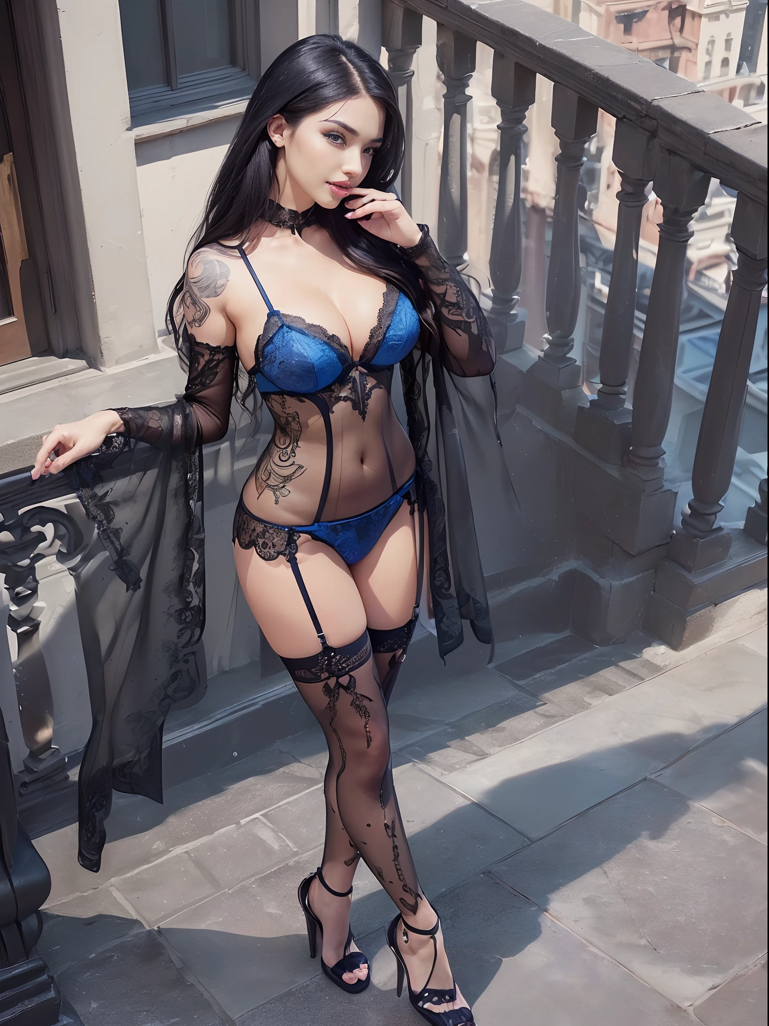 ((full body) shot, (wide-angle shot), (RAW, analogue, Nikon Z 14mm ultra-wide angle lens, award-winning glamour photograph, ((best quality)), ((masterpiece)), ((realistic)), skin pores, subsurface scattering, radiant light rays, high-res, detailed facial features, high detail, sharp focus, smooth, aesthetic, extremely detailed, (extremely detailed eyes, extremely detailed iris), extremely detailed vellus hair, extremely detailed eyebrows, extremely detailed eyelashes, extremely detailed hair, extremely detailed body, extremely detailed skin, extremely detailed clothes, stamp, octane render, photo_\(ultra\), photorealistic, realistic, post-processing, max detail, realistic shadows, roughness, natural skin texture, real life, ultra-realistic, photorealism, photography, 8k UHD, photography, hdr, intricate, elegant, highly detailed, sharp focus), ((stunning, gorgeous, cute), 
(sexy selfie, sexy underwear, blowing a kiss, biting lip, winking, licking lips, cleavage selfie, low contrast), 
seductive smile, sexy smile, blusher, eyeshadow, eyeliner, long lashes, immaculate matte makeup, intricate and detailed tattoos)),
(black diamond lace costume:1.5, black diamond lace stockings:1.5, stiletto sandals high heels),
(standing on a balcony in a tall building, beautiful cityscape, sunny day), (front view:1.5), sexy model pose, 
(smile and ecstasy expression:1.2), (Bright Blue Eyes:1.3),
(wearing glasses with a thin frame),