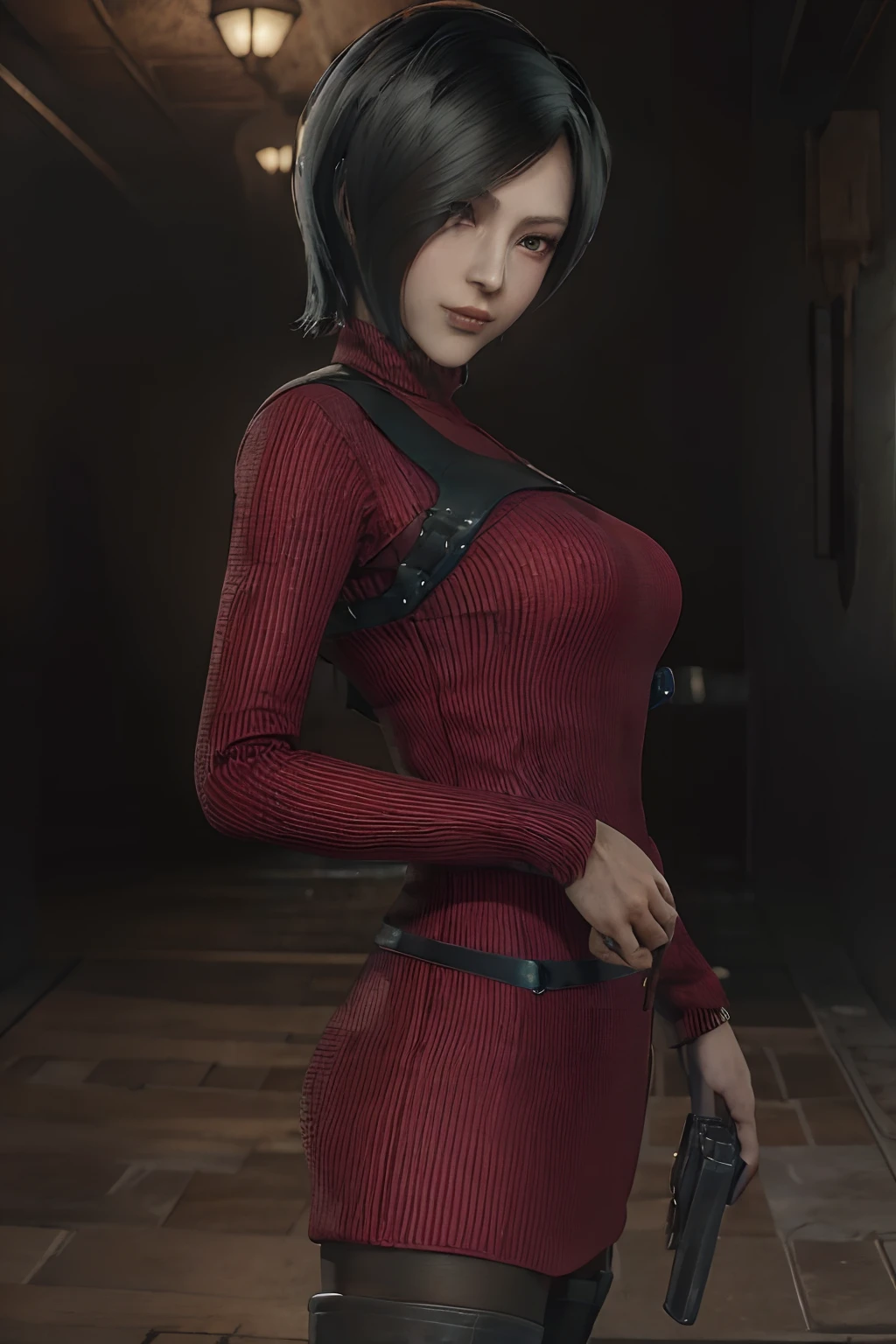 1 rapariga， 独奏， Ada Wong in Resident Evil 4 Remake， short detailed hair， brunette color hair， Red cheongsam， Short-sleeved shirt， Nero， nedium breasts， upper limbs， hindquarters， Black heels， Adriana's face， Find your audience， sly smile， A pistol was hung on her waist， best qualtiy， hight resolution：1.2， 18th century village in the background， Shadowing， Nightmare， rays of moonlight， Upper body photography， Low camera angle、depth of fields、center focused