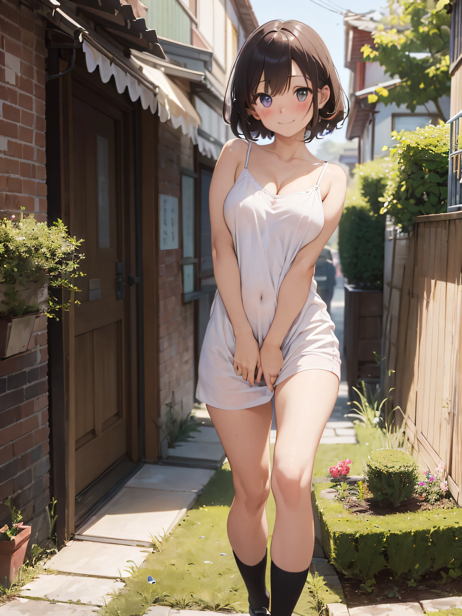 (​masterpiece:2.0), (top-quality:2.0), (standing ????? in the garden:1.???????tremely short length camisole dress:1.5), (super sexypose:1.5), (blushed face:1.5), (hide ?????? with hand:1.5), (hide ????? with hand:1.5), (Spilling ?????:1.5), (realistic:1.5), under the ?????, side boob is visible, ?????, 1 little  girl, precise small hands, Embarrassed look, light smile, Look at me and smile, extremely cute girl, innocent face, young face, Clear eyes, Shining eyes, small ??????, shoulder is visible, Tummy is visible, cleavage of the ?????? is visible, stomach is visible, the lower abdomen is visible, The ???????? is visible, The ?????? is visible, No pubic hair, dynamic posing, The beautiful skin, ultra-definition, Top resolution, japan high school student, brown hair