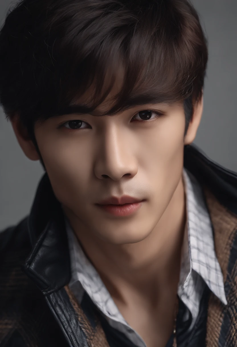 leather clothes,Plaid shirt,Chinese men, Best quality,4K,8K,facial closeups;A man with very charming hands,30 age old, Clear pores, adolable, Breathtaking, hentail realism, ultra-realistic image, Extreme oppression,Soft portrait shot 8 K, Very detailed portrait,, Hyper-realistic style, , Ultra-realistic portraits,Exquisite Hair,Elegant suit, with her mouth open,deep dark background。