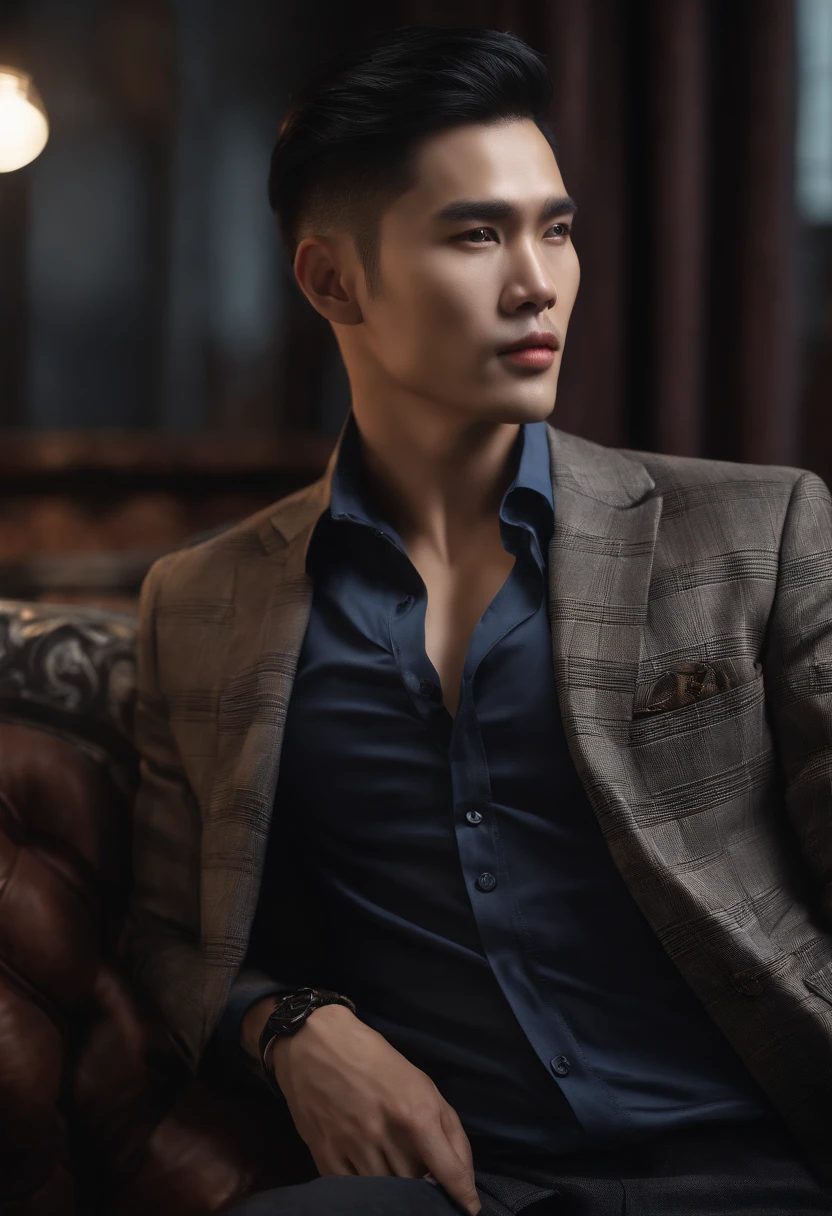 leather clothes，Plaid shirt，Chinese men, Best quality,4K,8K,facial closeups；A man with very charming hands,30 age old， Clear pores, adolable, Breathtaking, hentail realism, ultra-realistic image, Extreme oppression,Soft portrait shot 8 K, Very detailed portrait,, Hyper-realistic style, , Ultra-realistic portraits,Exquisite Hair,Elegant suit, with her mouth open,deep dark background。