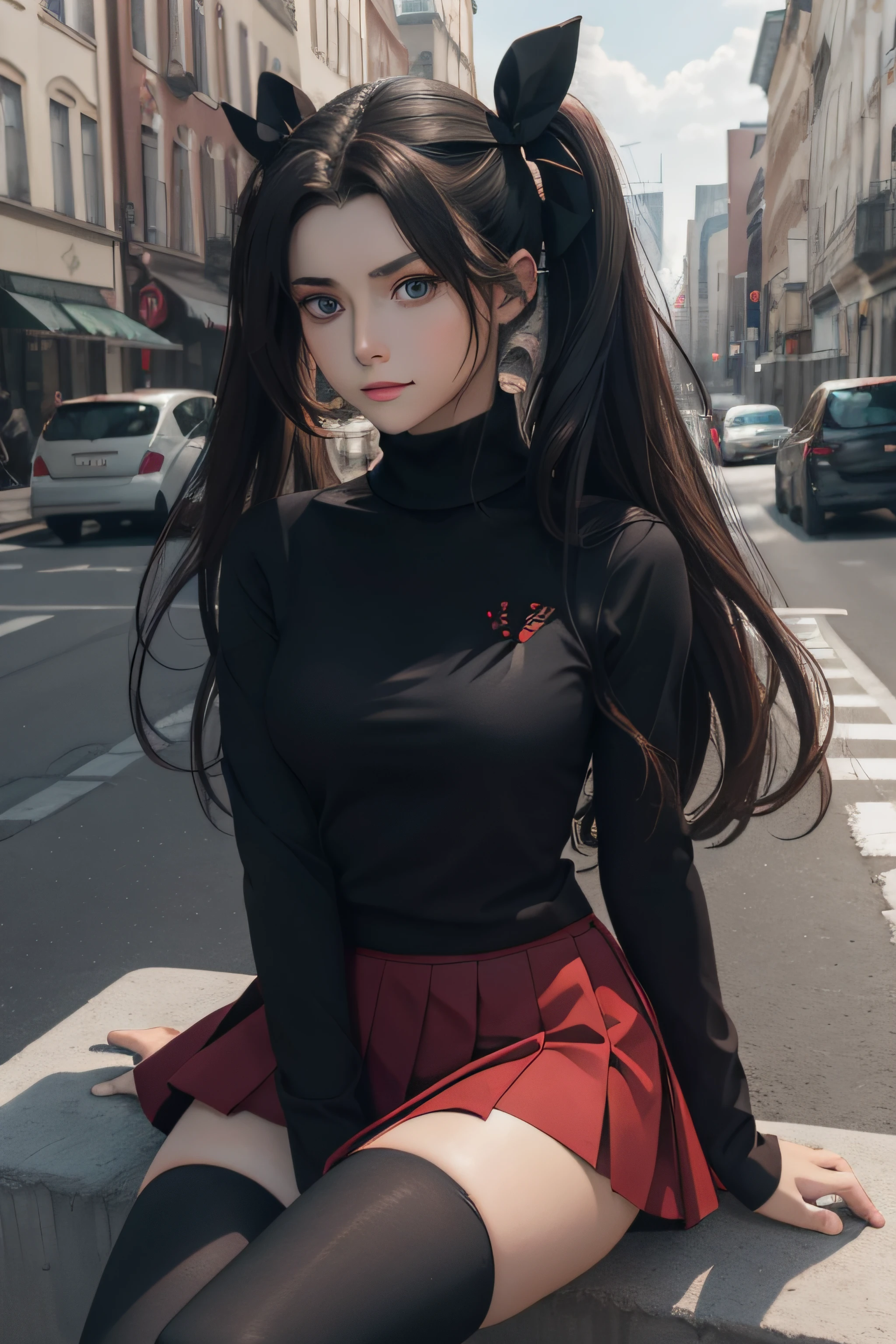 (masterpiece), best quality, expressive eyes, perfect face, 1girl, solo, rintohsaka, rin tohsaka, aqua eyes, black hair, hair ribbon, long hair, ribbon, sidelocks, two side up, black skirt, black thighhighs, long sleeves, miniskirt, pleated skirt, ((red sweater)), skirt, sweater, thighhighs, turtleneck, city background, sitting, character sheet, upper body, portrait, looking at viewer