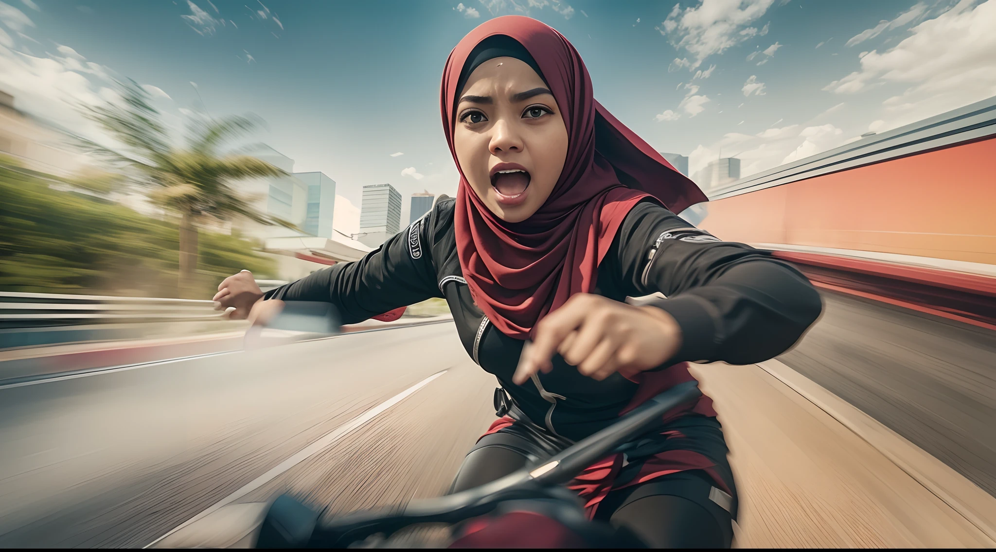 Create a film still from a thrilling car chase scene, featuring a Malay girl in hijab as the skilled driver. Use a wide-angle lens and dynamic camera angles to convey the speed and intensity of the chase