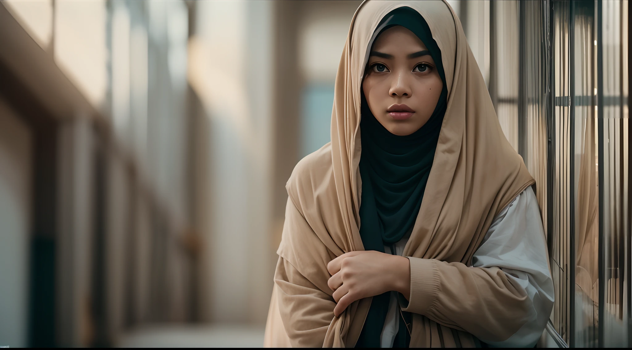 Generate a film still in the style of a suspenseful thriller, with a Malay girl in hijab hiding in the shadows, peering around a corner with a sense of intrigue. Use a 50mm lens to create a mysterious mood, photo taken using Panavision DXL, Establishing shot, muted color grading, cinemascope, drama, high quality, ultra detailed, 8k resolution, hyper - realistic photography,