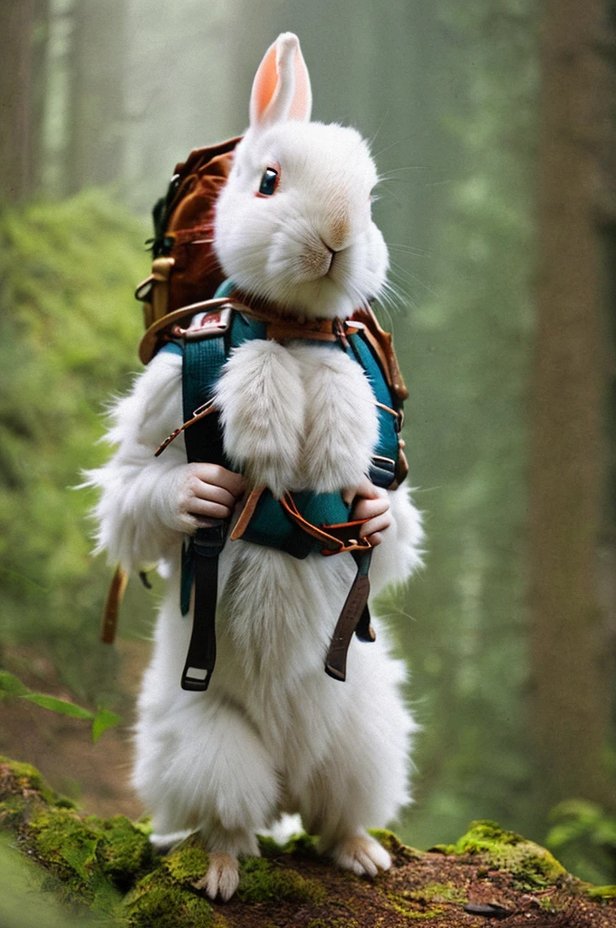 Classic negative portrait photo, Fantasy video game character concept art, A cute white fluffy rabbit，Carrying a small brown leather backpack，Take a look at the hiking map through the forest, dungeons and dragons, fantasy, River, haze, Halo, full bloom, Dramatic atmosphere, Dark fantasy films of the 1970s, centre, Rule of thirds