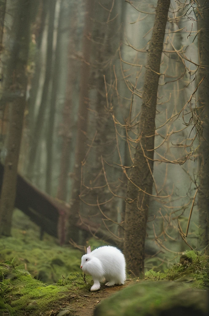 Classic negative portrait photo, Fantasy video game character concept art, A cute white fluffy rabbit,Carrying a small brown leather backpack,Take a look at the hiking map through the forest, dungeons and dragons, fantasy, River, haze, Halo, full bloom, Dramatic atmosphere, Dark fantasy films of the 1970s, centre, Rule of thirds