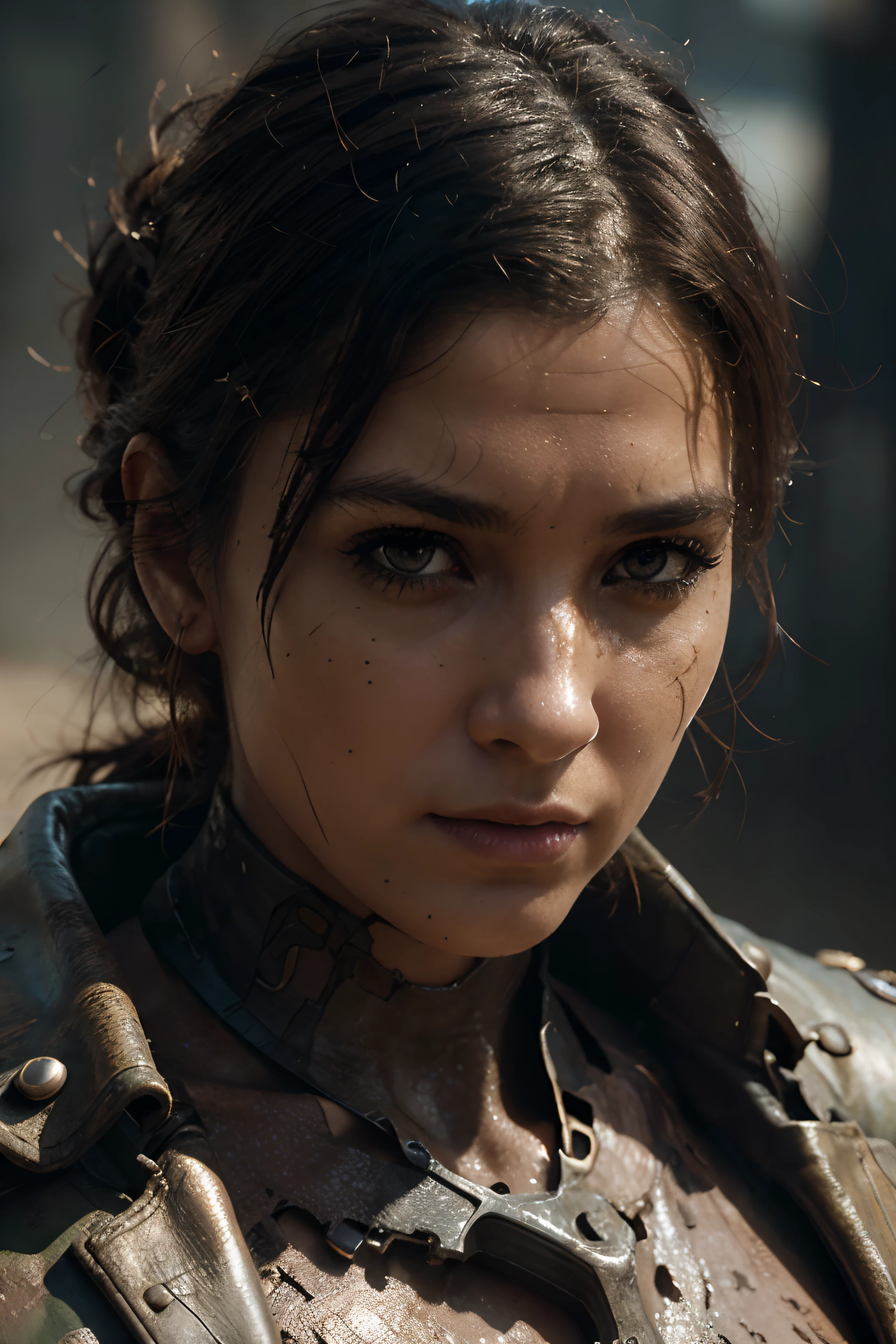 a detailed realistic close up of a female warrior, battle field, mud, dust, cinematic shot on canon 5d, ultra skin intricate clothes accurate hands, brown eyes, macro image detailed, shots, badass look, action, perfect eyes, best quality, extremely sharp focus face, analog fine film grain, post apocalyptic, cinematic, realistic, trending artstation, helicopter, focus, studio photo, details, highly rutkowski, intricate, busy, raw, 4k, 8k, isometric, digital smog, 3d render, octane volumetrics, sf, artwork masterpiece, ominous, matte painting movie poster, golden ratio, cgsociety