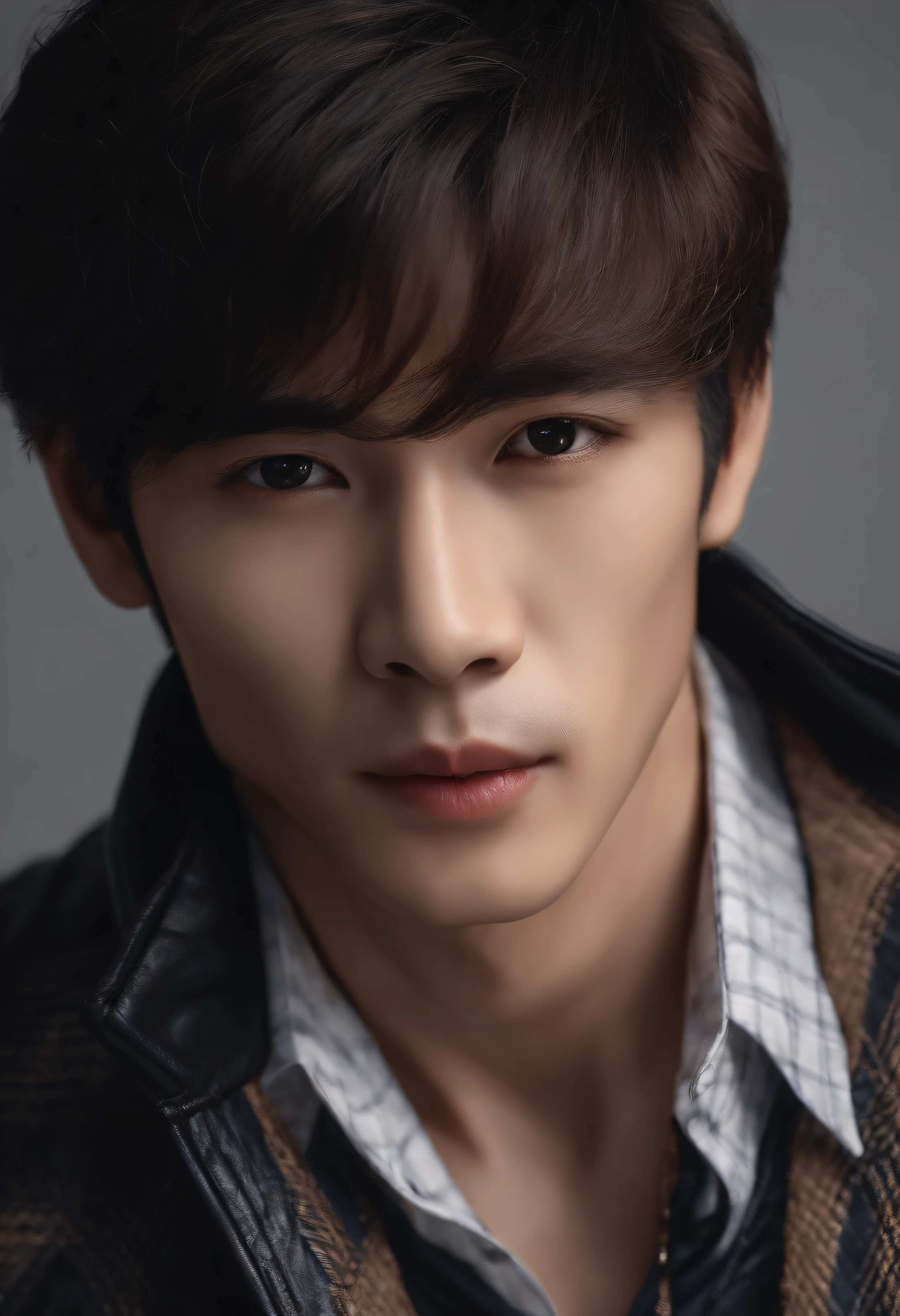 leather clothes,Plaid shirt,Chinese men, Best quality,4K,8K,facial closeups;A man with very charming hands,30 age old, Clear pores, adolable, Breathtaking, hentail realism, ultra-realistic image, Extreme oppression,Soft portrait shot 8 K, Very detailed portrait,, Hyper-realistic style, , Ultra-realistic portraits,Exquisite Hair,Elegant suit, with her mouth open,deep dark background。