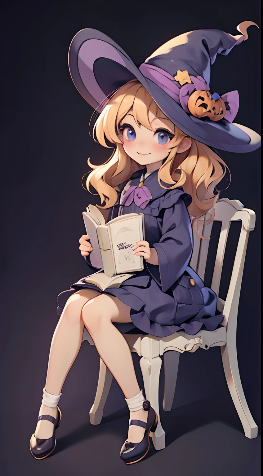 ((top-quality))、 ((masterpiece))、Cute Halloween Theme、full body Esbian、A smile、 The Wand and the Magic Book、Glamorous Hat、Halloween Accessories、Draw clothes buttons and pockets in a Halloween style、Cute shoes、sit a chair、bio luminescent、radiant light