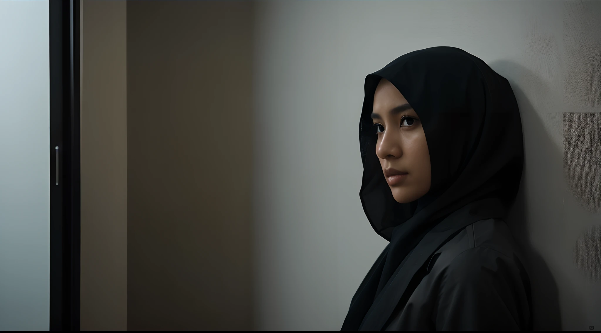 Generate a film still in the style of a suspenseful thriller, with a Malay girl in hijab hiding in the shadows, peering around a corner with a sense of intrigue. Use a 50mm lens to create a mysterious mood, photo taken using Panavision DXL, Establishing shot, muted color grading, cinemascope, drama, high quality, ultra detailed, 8k resolution, hyper - realistic photography,