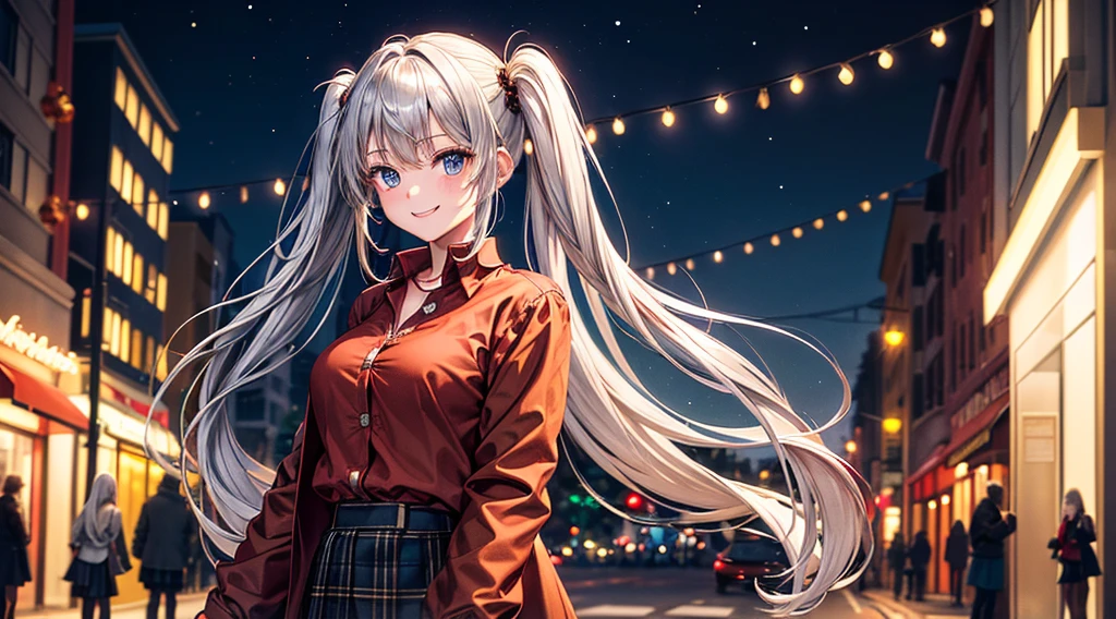 1girl, solo, full body, christmas, christmas tree, street, night, lights, gift, long hair, silver hair, twintail, large breasts, button down, ((opened brown short jacket)), dark blue eyes, ((red shirt)), checked shirt, ((unbuttoned shirt)), ((long skirt)), smile, looking at the viewer, standing