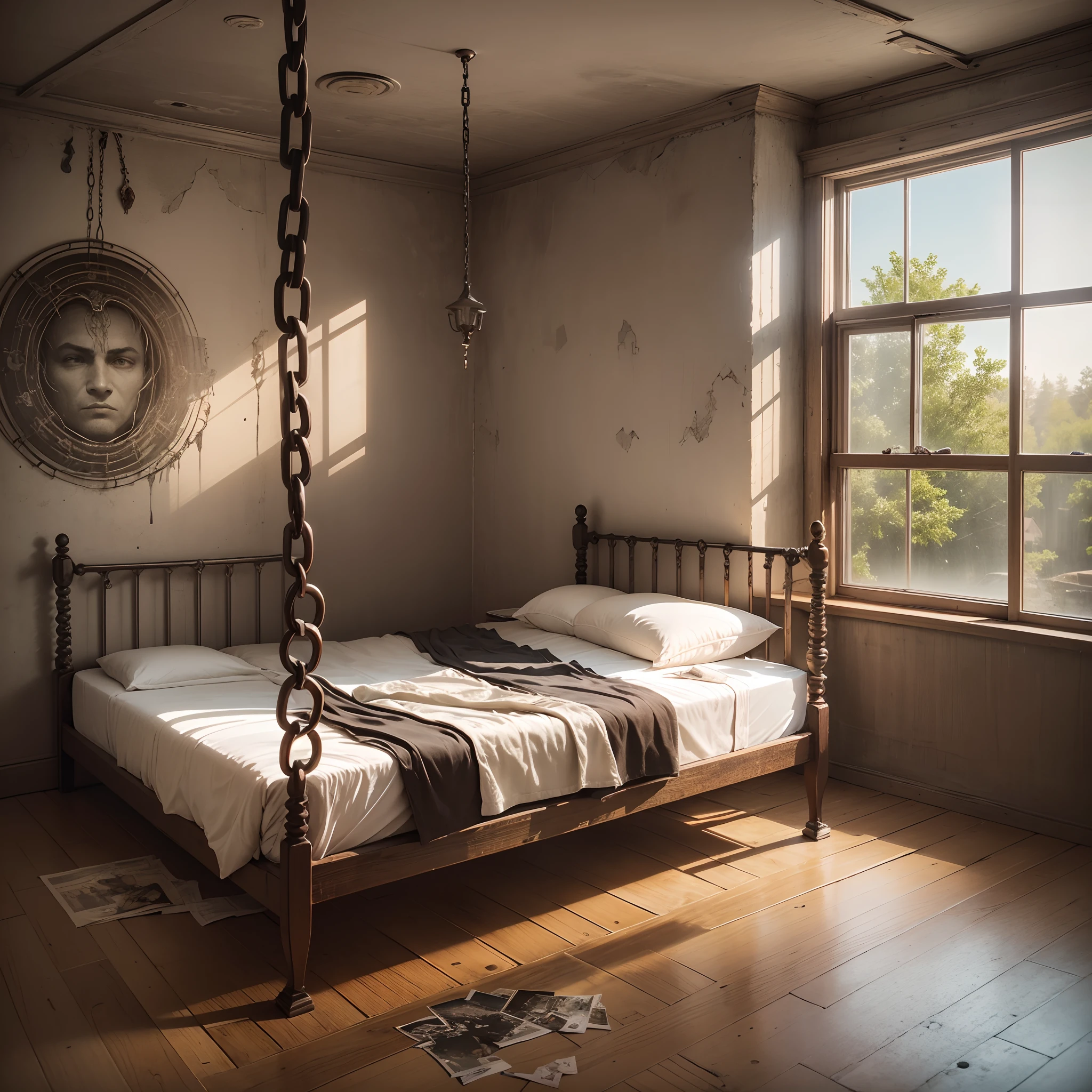 prompt:a photo of a room with two-point perspective view and has only one window
  The window is on the wall on the right side. It is a narrow iron window at a high height, similar to prison windows. The wall behind the bed has an engraving of Medusa.
 The wall has cracks and is covered with dust, and there are clamps and iron chains hanging on it
 The bed is on the opposite side of the window
 It is an old copper bed with clamps at the back
  It contains dust and two appliqués to the right and left of the inscription. They contain candles that illuminate the room with the light of the window.
 The room's floor is made of broken and jagged tiles --auto --s2