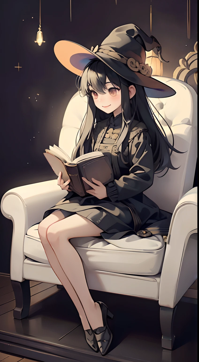 ((top-quality))、 ((masterpiece))、Cute Halloween Theme、full body Esbian、A smile、 The Wand and the Magic Book、Glamorous Hat、Halloween Accessories、Draw clothes buttons and pockets in a Halloween style、Cute shoes、sit a chair、bio luminescent、radiant light