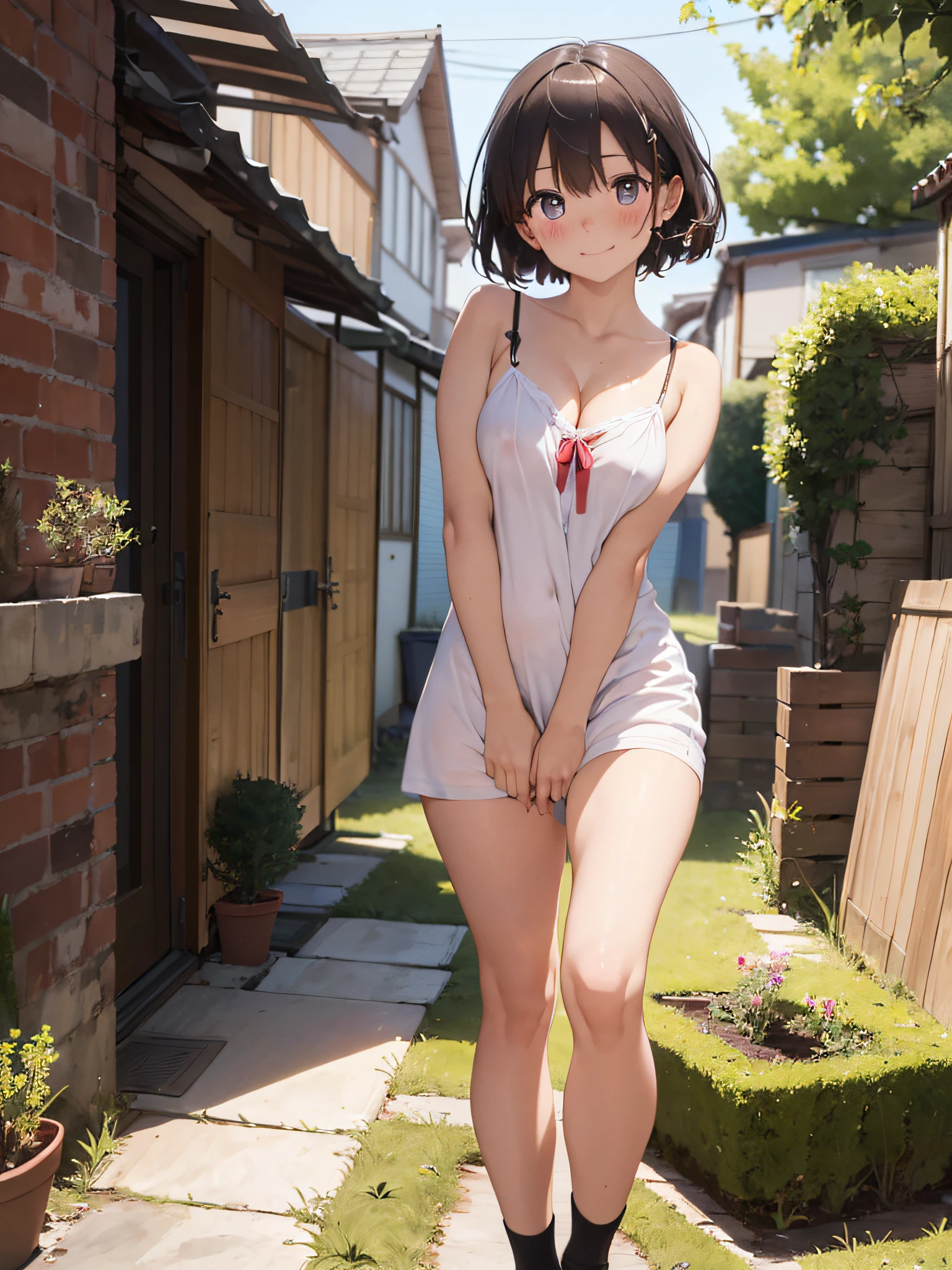 (masterpiece:2.0), (top-quality:2.0), (standing naked in the garden:1.5), (extremely short length camisole dress:1.5), (super sexypose:1.5), (blushed face:1.5), (hide crotch with hand:1.5), (hide chest with hand:1.5), (Spilling boobs:1.5), (realistic:1.5), under the boobs, side boob is visible, naked, 1 little girl, precise small hands, Embarrassed look, light smile, Look at me and smile, extremely cute girl, innocent face, young face, Clear eyes, Shining eyes, small breast, shoulder is visible, Tummy is visible, cleavage of the breast is visible, stomach is visible, the lower abdomen is visible, The buttocks is visible, The crotch is visible, No pubic hair, dynamic posing, The beautiful skin, ultra-definition, Top resolution, japan high school student, brown hair