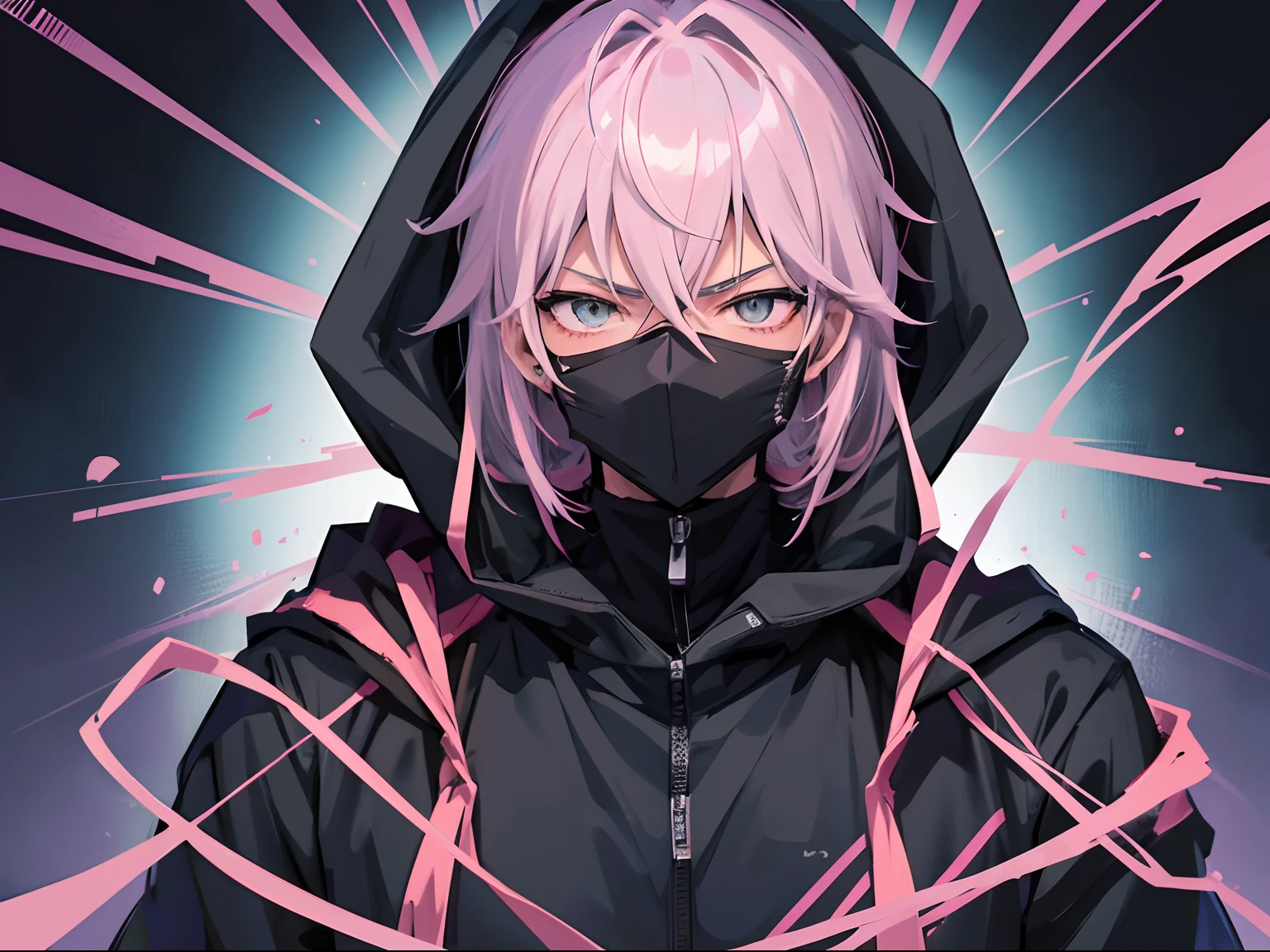 1 anime guy in a Black Hoodie stealth suit and Mask, anime handsome man, anime boy, male anime character, handsome anime pose, male anime style, tall anime guy with grey eyes, anime portrait of a handsome man, he has light pink hairs, as hair color, with medium hairs and different hairstyle