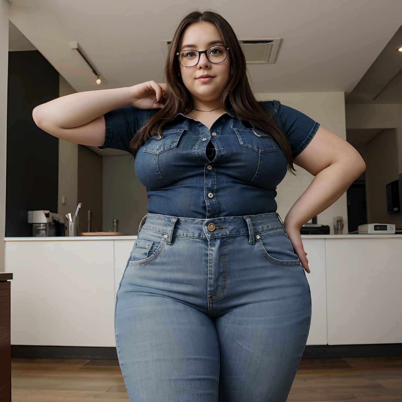 Overweight girl in jeans with glasses