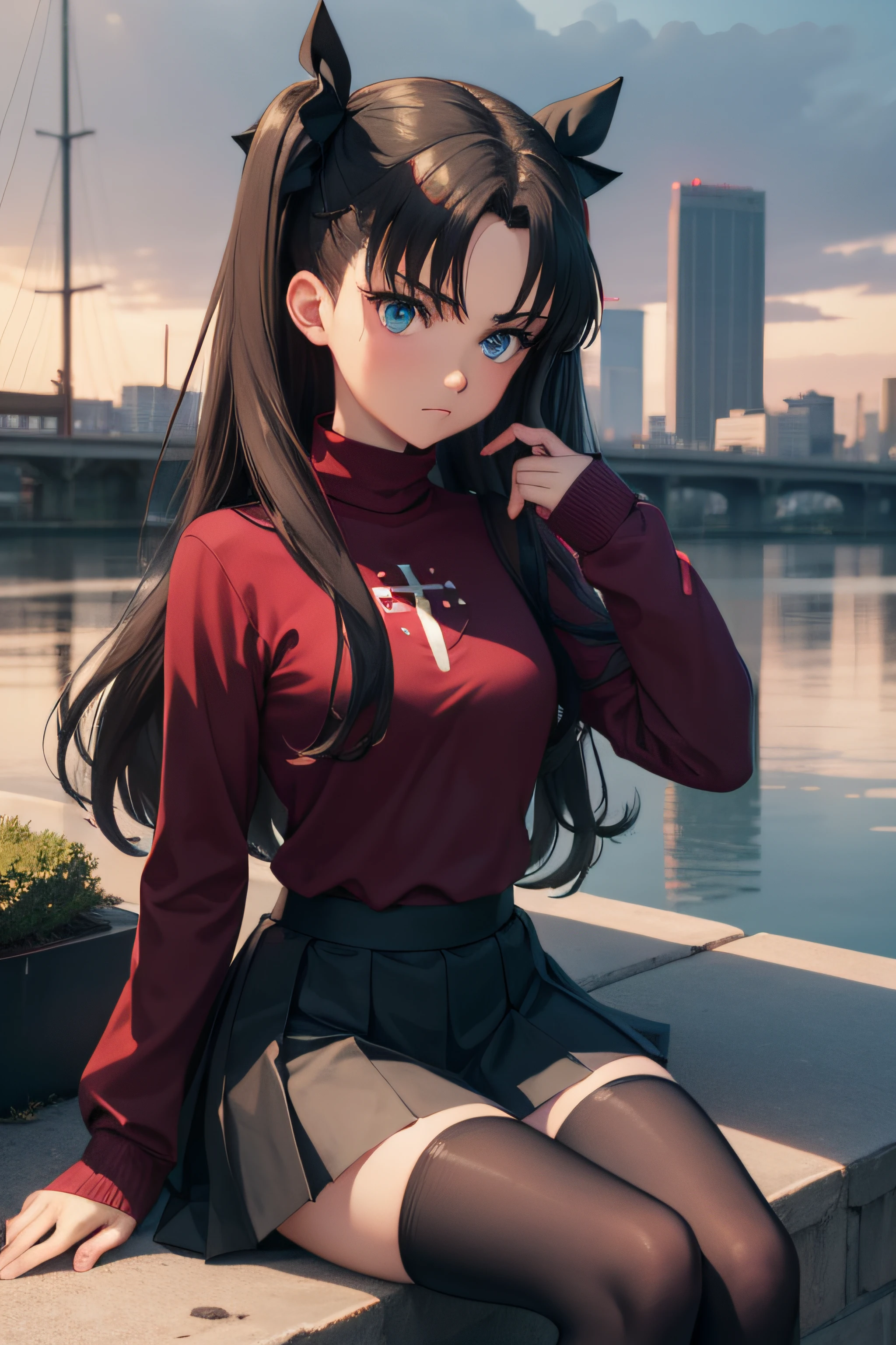 (masterpiece), best quality, expressive eyes, perfect face, 1girl, solo, rintohsaka, rin tohsaka, aqua eyes, black hair, hair ribbon, long hair, ribbon, sidelocks, two side up, black skirt, black thighhighs, long sleeves, miniskirt, pleated skirt, ((red sweater)), skirt, sweater, thighhighs, turtleneck, city background, sitting, character sheet, upper body, portrait, looking at viewer