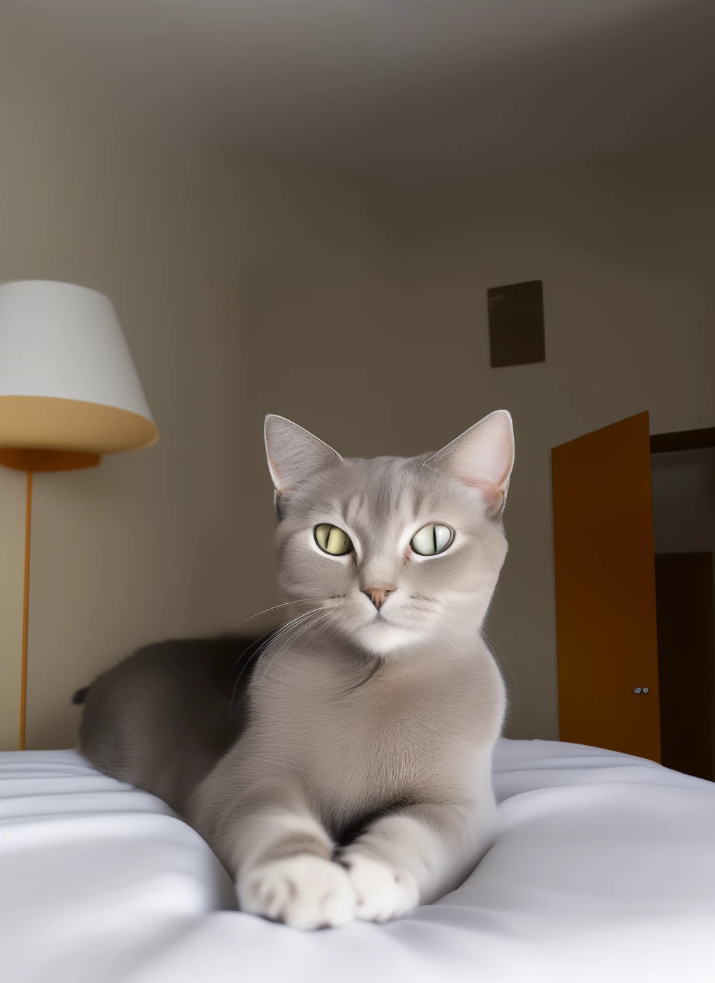 anthro male cat,Short hair,Portrait , eyes with brightness, in a panoramic view, 独奏, shaggy, shaggy male, malefocus, anthr,(Full Body Furry, Fluffy tail, White fur, red color eyes, Gray hair:1.2), (long canines、swim wears：1.2），（interiors、the night、apartament，onbed：1.1）