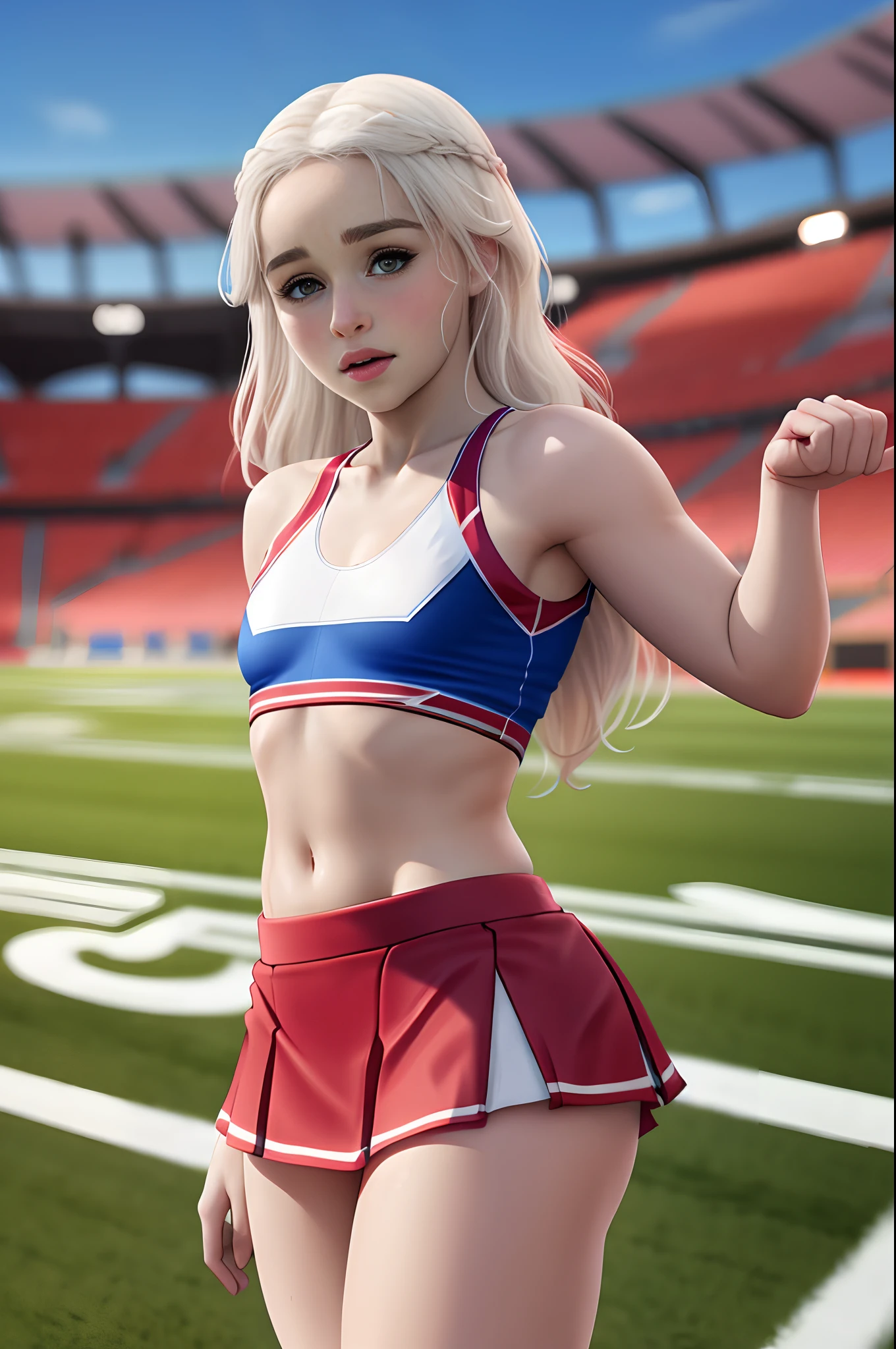 Emilia Clarke, cheerleader outfit, pleated miniskirt, super short miniskirt. crop top, in sports stadium, on football field, thin body, small breasts, (small breasts:1.5)