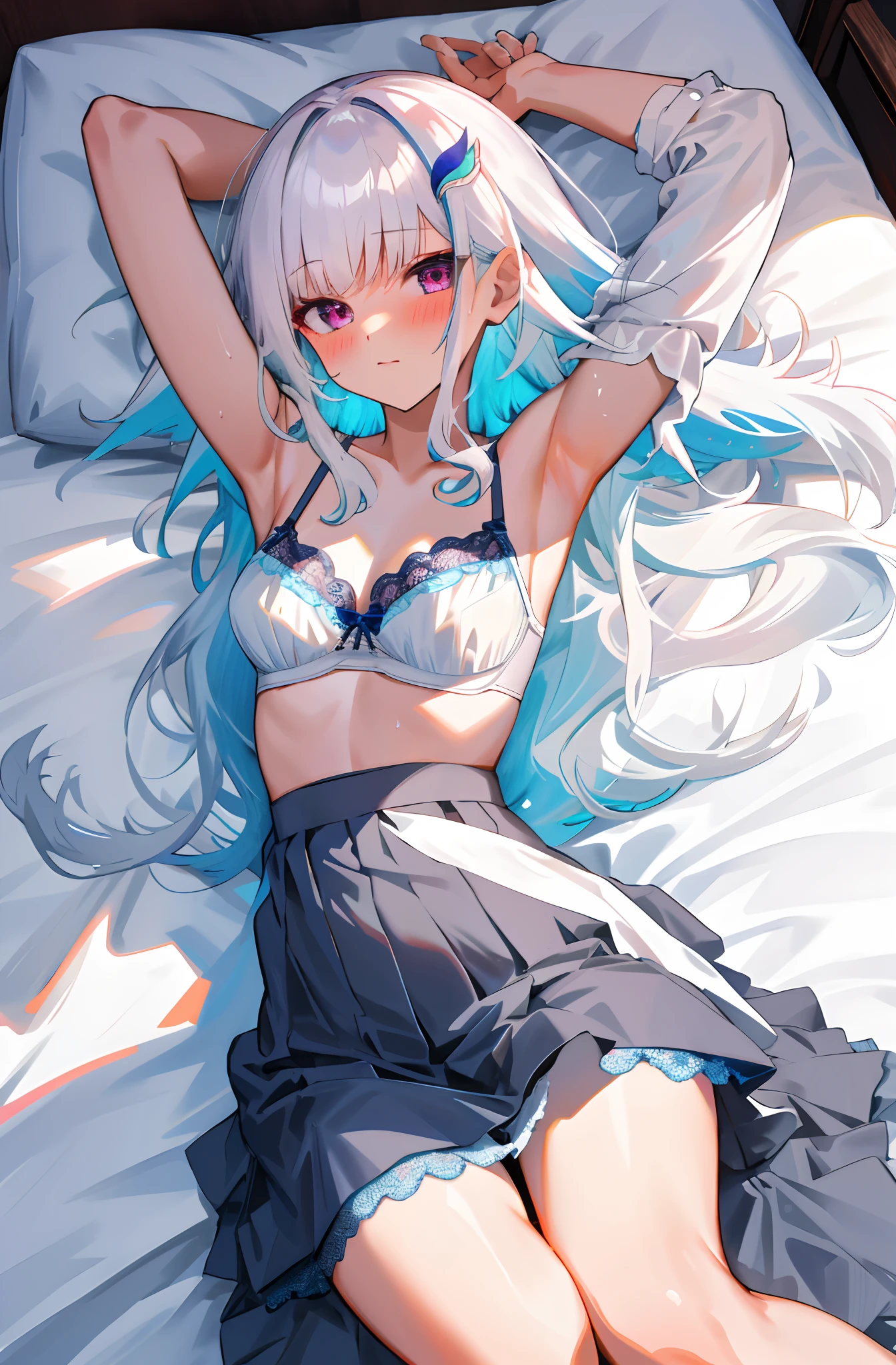 One girl with long wavy hair, white hair, looking at viewer, sexual expression invite, blushing, indoor , bare hands, medium breasts, white shirts, black skirts, undress shirts, bra, bra visible, lace bra white underwear, lace underwear, white panties, , naked, perfect waist, thigh, bed, hip high skirt, laying on, lie down, arms up, armpits, hands grabbing her breasts, laying on back, from above, legs spread, wet, nsfw, day atmosphere, hair ornament