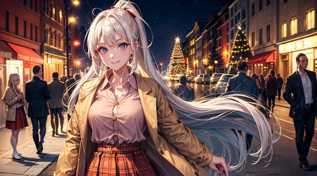 1girl, solo, full body, christmas, christmas tree, street, night, lights, giving gift, long hair, white hair, ponytail, large breasts, button down, ((opened brown short jacket)), dark blue eyes, ((red shirt)), checked shirt, ((unbuttoned shirt)), ((long skirt)), smile, looking at the viewer, standing