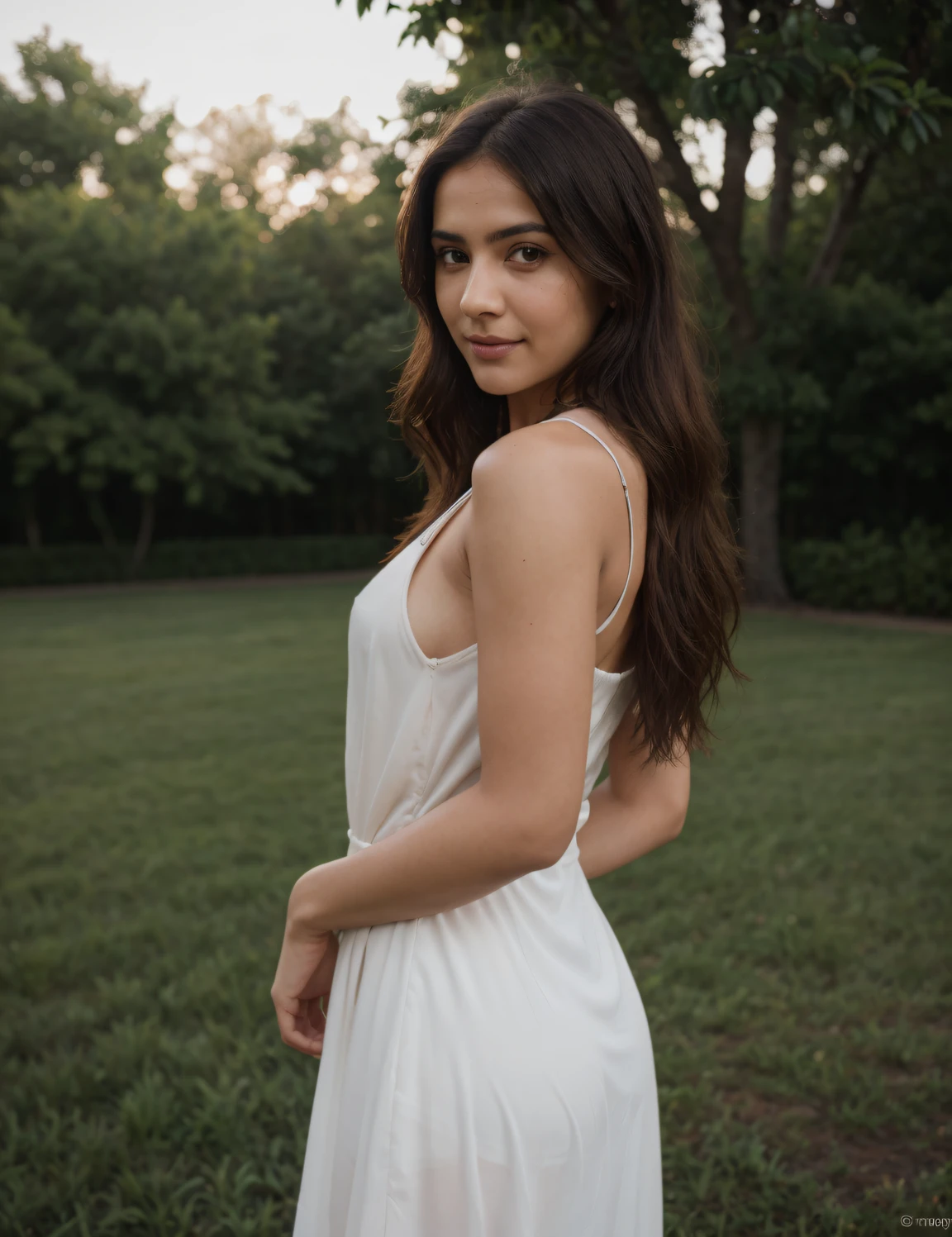 Full body, Beauty standing on a grass surface, ground, good environment, sunlight, morning rays, cold haze, god rays, posing for a picture, 1 girl, a 27-year-old Indian woman, absolute beauty, long hair, wearing a fashion dress, see-through dress, different posing styles, angle from side, side angle shot, looking at the viewer, ultra-realistic, hyper-realistic, ultra-detailed, hyper-detailed, 35mm F/28, hyper-detailed full body shot of a woman, nice face, smile, sexy body, aesthetic body, rich colors, face focused, 8K, HD Crisp Upscale, realistic lying, RAW photography, best quality: 1.4, No dark background , Beautiful details eye, cleavage , thick thighs, nice hips, long hair, High-detailed, perfectly located eyes, perfect eyes, photographed on a Canon EOS R5, 50mm lens, F/2.8, HDR, (cinematic lighting), (dramatic lighting), (sharp focus), (intricate), fashion, realistic skin texture, (( perfect anatomy)), ((detailed face:1.2)), ((detailed facial features)), (finely detailed skin), masterpiece), (perfect proportion), (realistic photo), (best quality: 1.6), (detailed),