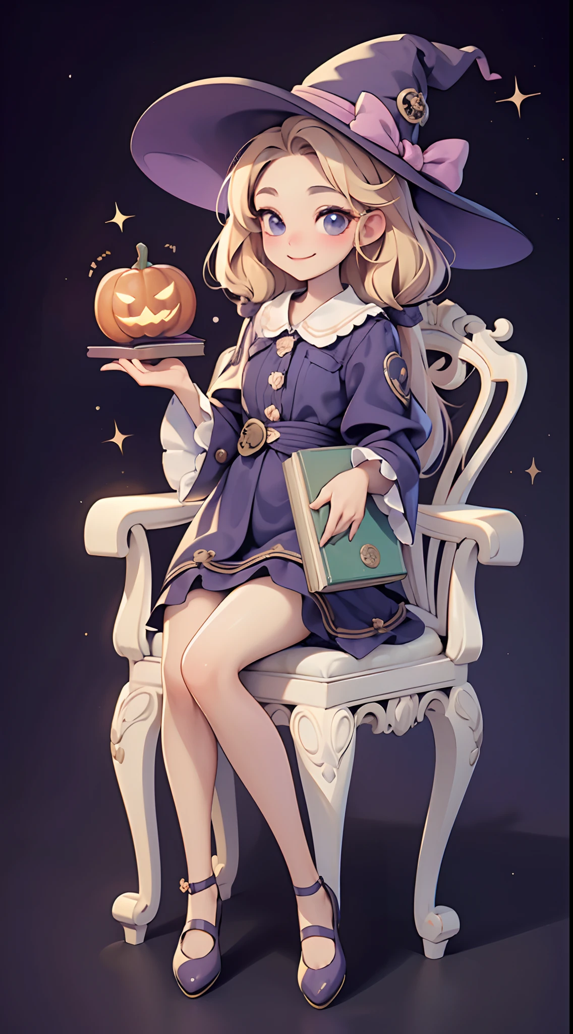 Cute Halloween Theme、full body Esbian、A smile、 The Wand and the Magic Book、Glamorous Hat、Halloween Accessories、Draw clothes buttons and pockets in a Halloween style、Cute shoes、sit a chair
