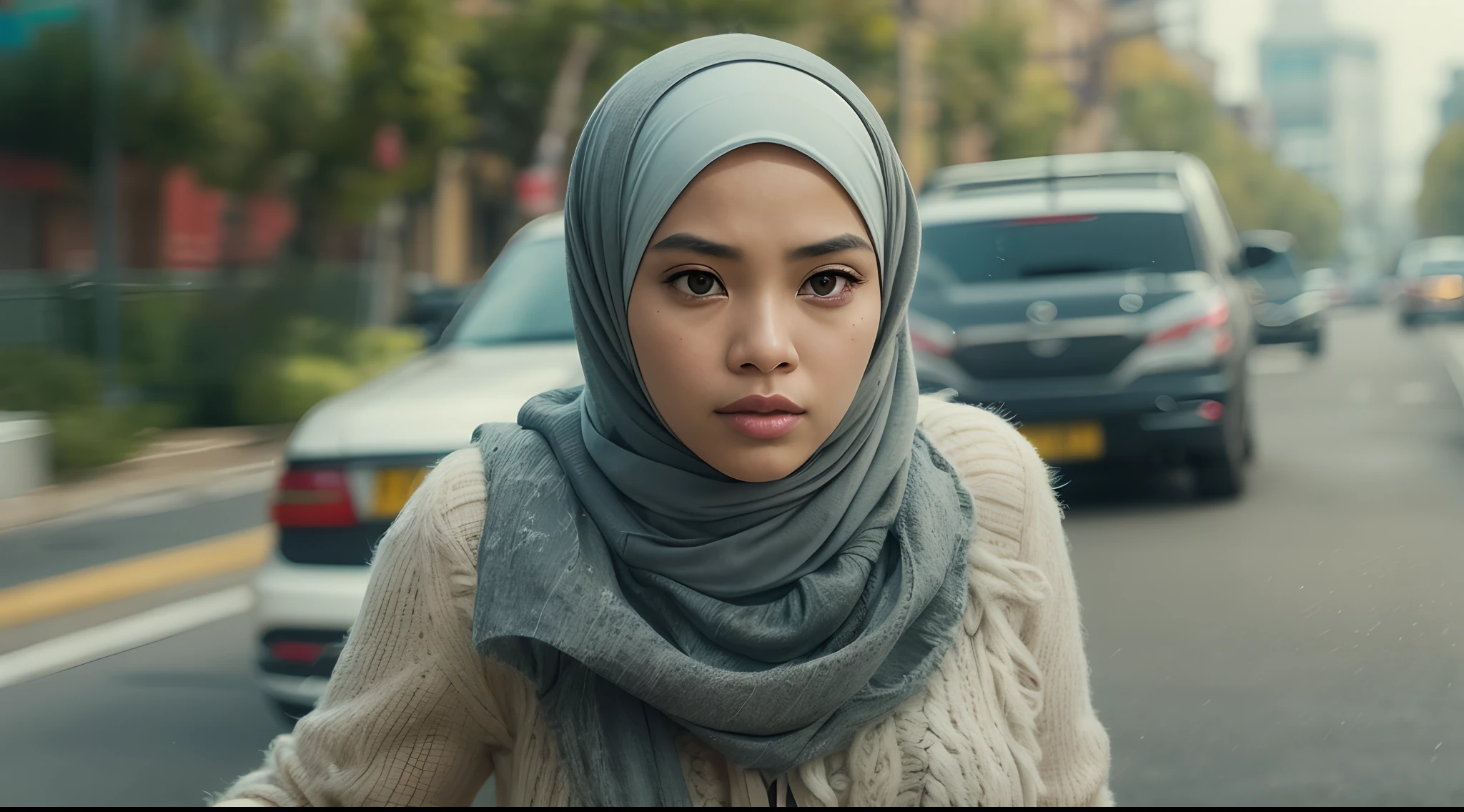 A malay girl in yellow hijab in the middle of a blurred crowd, NYC, yellow taxi in far background, bustling city street, in a style of a movie still, by Wes Anderson, fog --ar 21:9 --style raw --q 2 --seed 4170935616girl in the middle of a blurred crowd, NYC, bustling city street, in a style of a movie still, by Wes Anderson, fog --ar 21:9 --style raw --q 2 --seed 4170935616