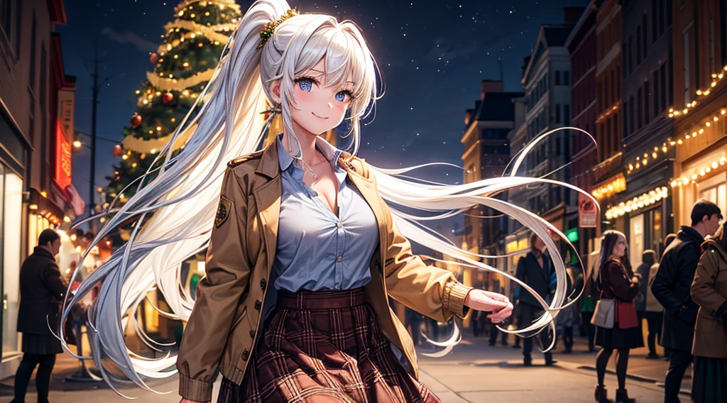 1girl, solo, full body, christmas, christmas tree, street, night, lights, giving gift, long hair, white hair, ponytail, large breasts, button down, ((opened brown short jacket)), dark blue eyes, ((chestnut shirt)), checked shirt, ((unbuttoned shirt)), ((long skirt)), smile, looking at the viewer, standing