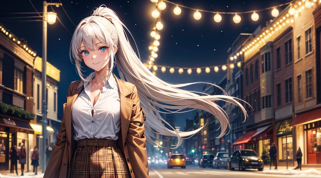 1girl, solo, full body, christmas, christmas tree, street, night, lights, giving gift, long hair, white hair, ponytail, large breasts, button down, ((opened brown short jacket)), dark blue eyes, ((chestnut shirt)), checked shirt, ((unbuttoned shirt)), ((long skirt)), smile, looking at the viewer, standing
